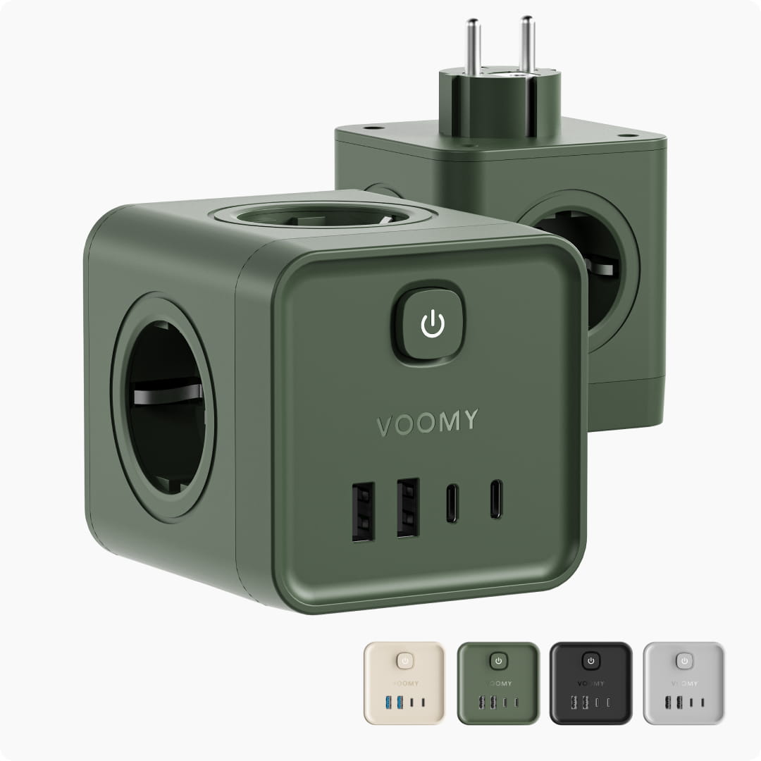 Voomy Split X7 - 8-in-1 Home Verdeelstekker - 4 stopcontacten, 2 USB-C (20W) & 2 USB-A - Groen
