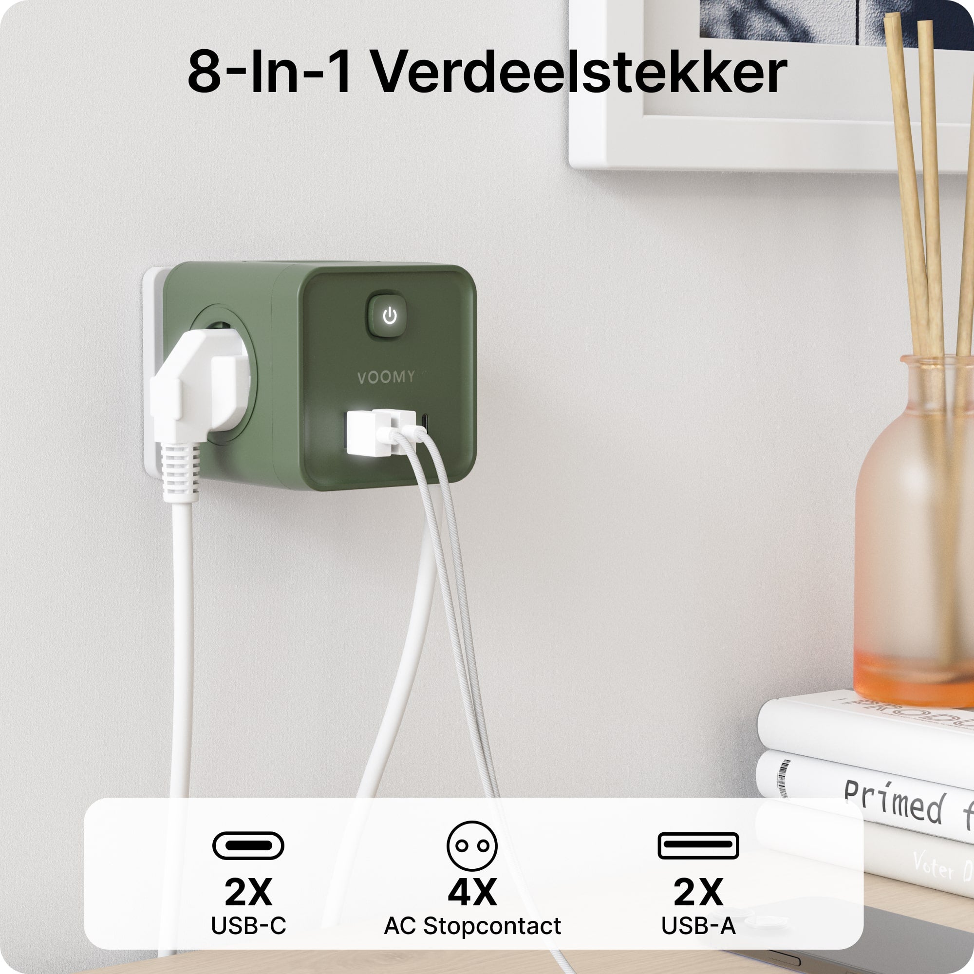 Voomy Split X7 - 8-in-1 Home Verdeelstekker - 4 stopcontacten, 2 USB-C (20W) & 2 USB-A - Groen