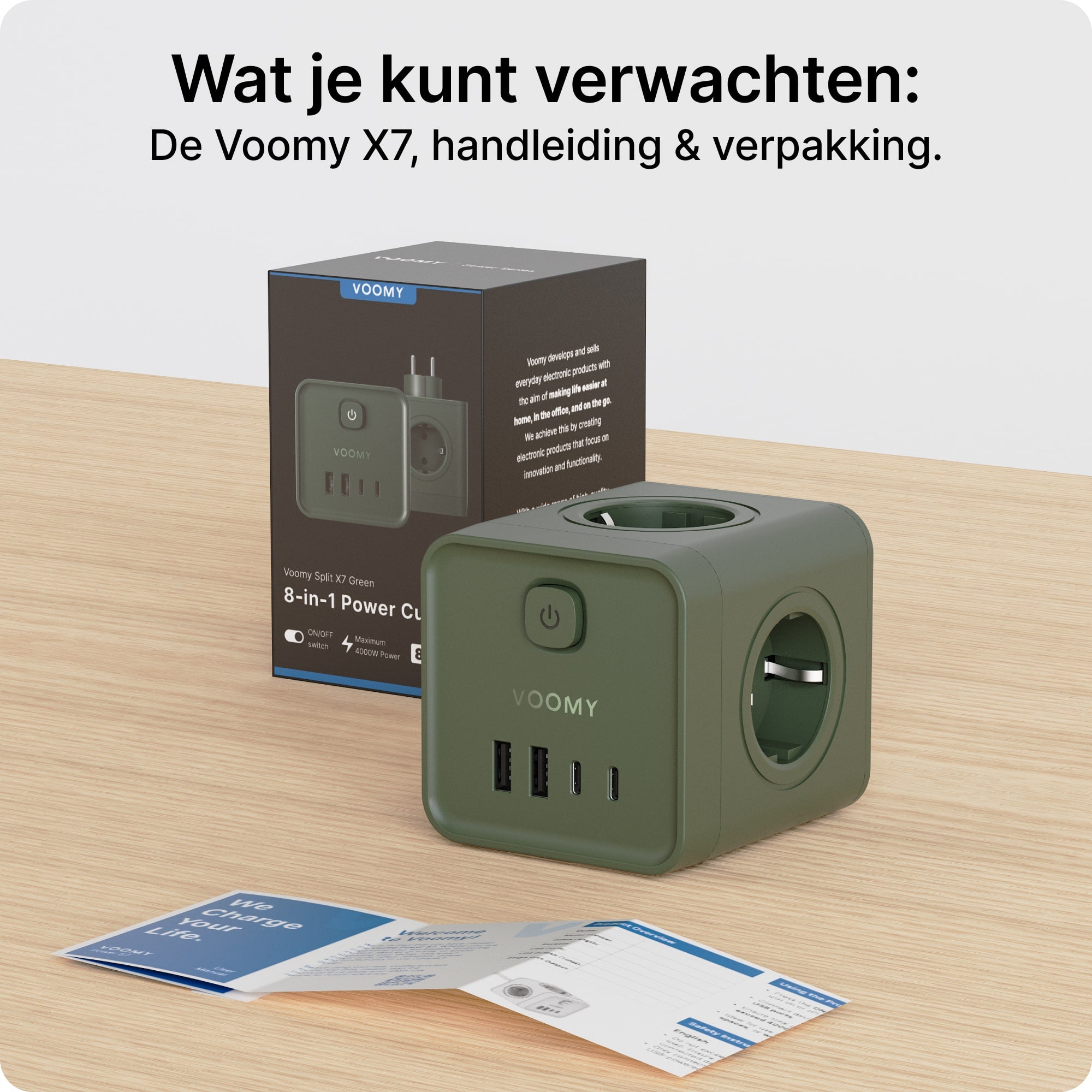 Voomy Split X7 - 8-in-1 Home Verdeelstekker - 4 stopcontacten, 2 USB-C (20W) & 2 USB-A - Groen