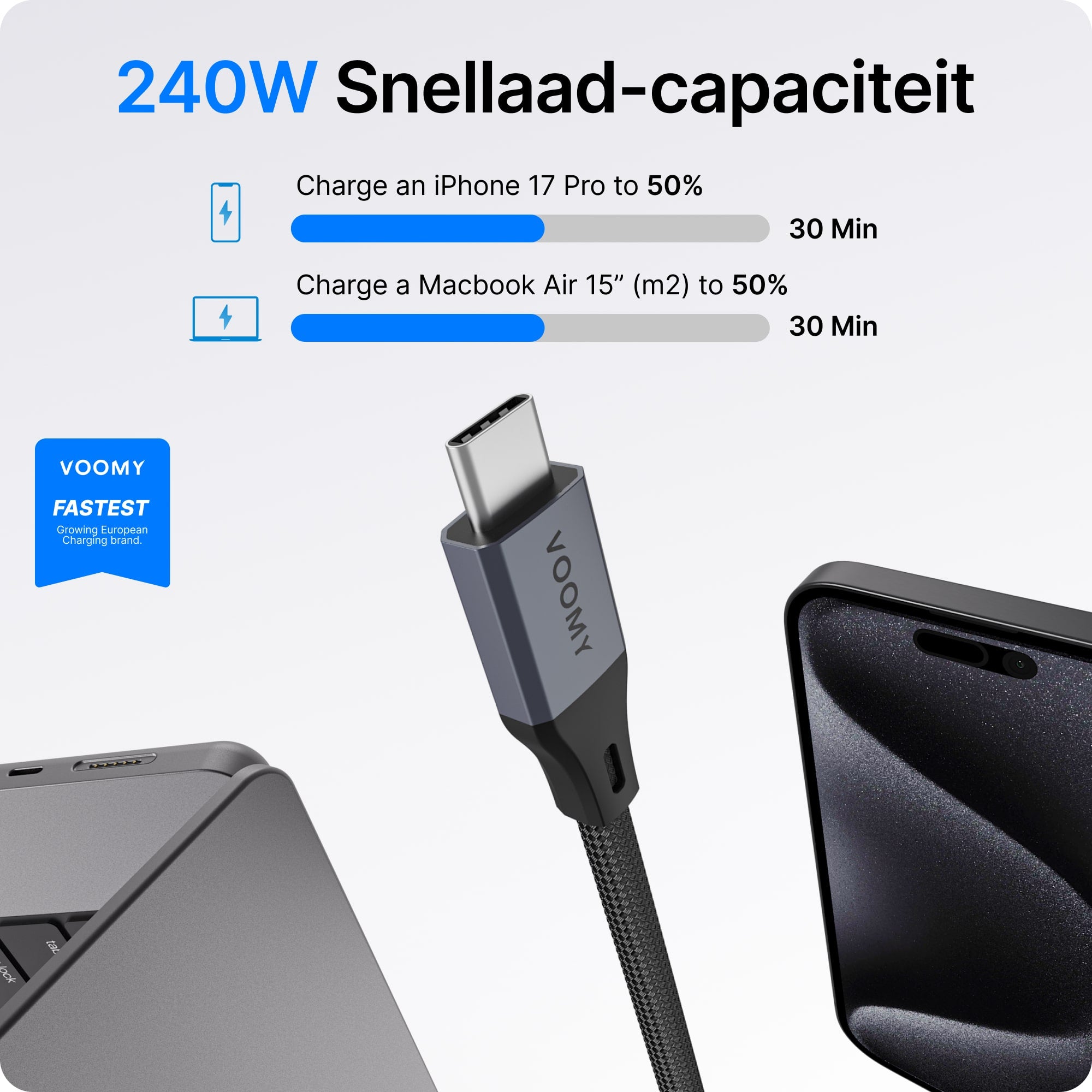 Voomy Connect C240 - 240W USB-C kabel 240W - 480 Mbps - 1 Meter - Space Grey