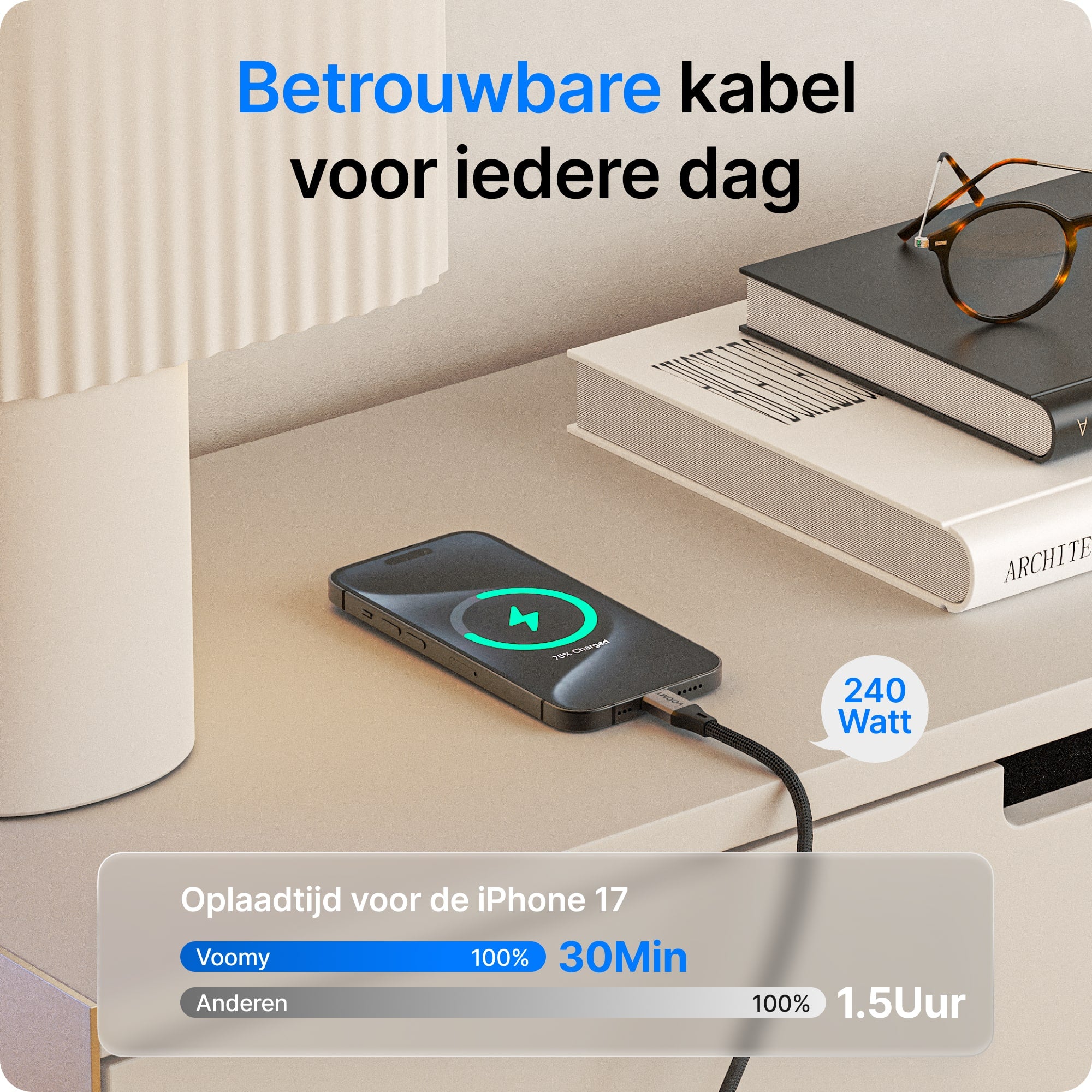 Voomy Connect C240 - 240W USB-C kabel 240W - 480 Mbps - 1 Meter - Space Grey