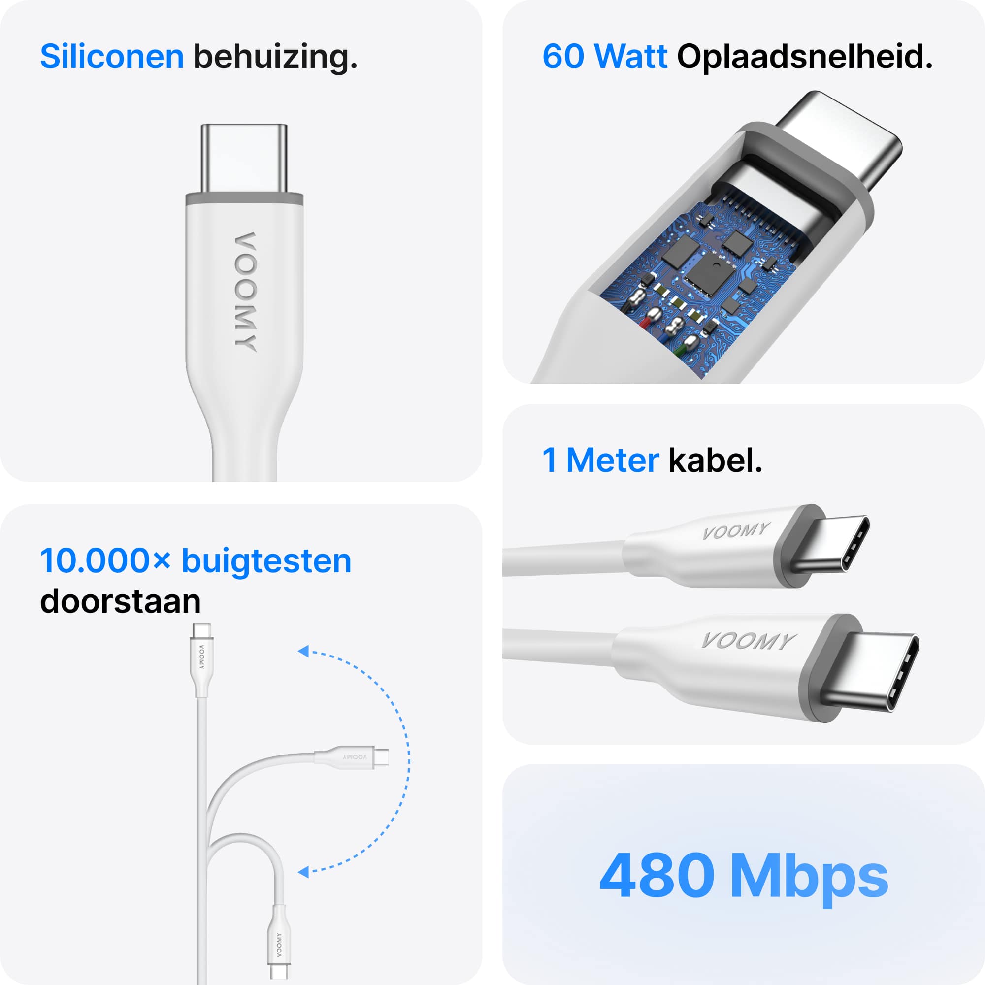 Voomy Connect C610 – 60W USB-C Kabel  – 1M – Wit