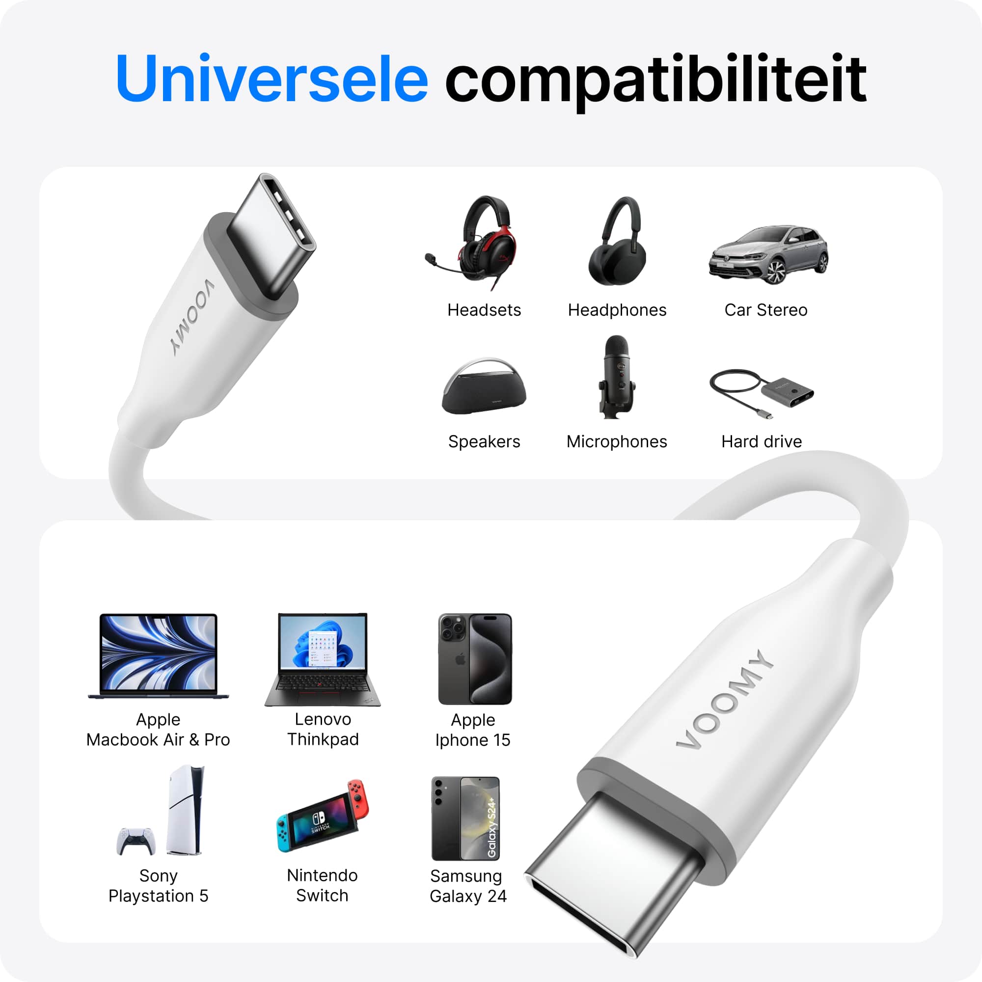 Voomy Connect C610 – 60W USB-C Kabel  – 1M – Wit