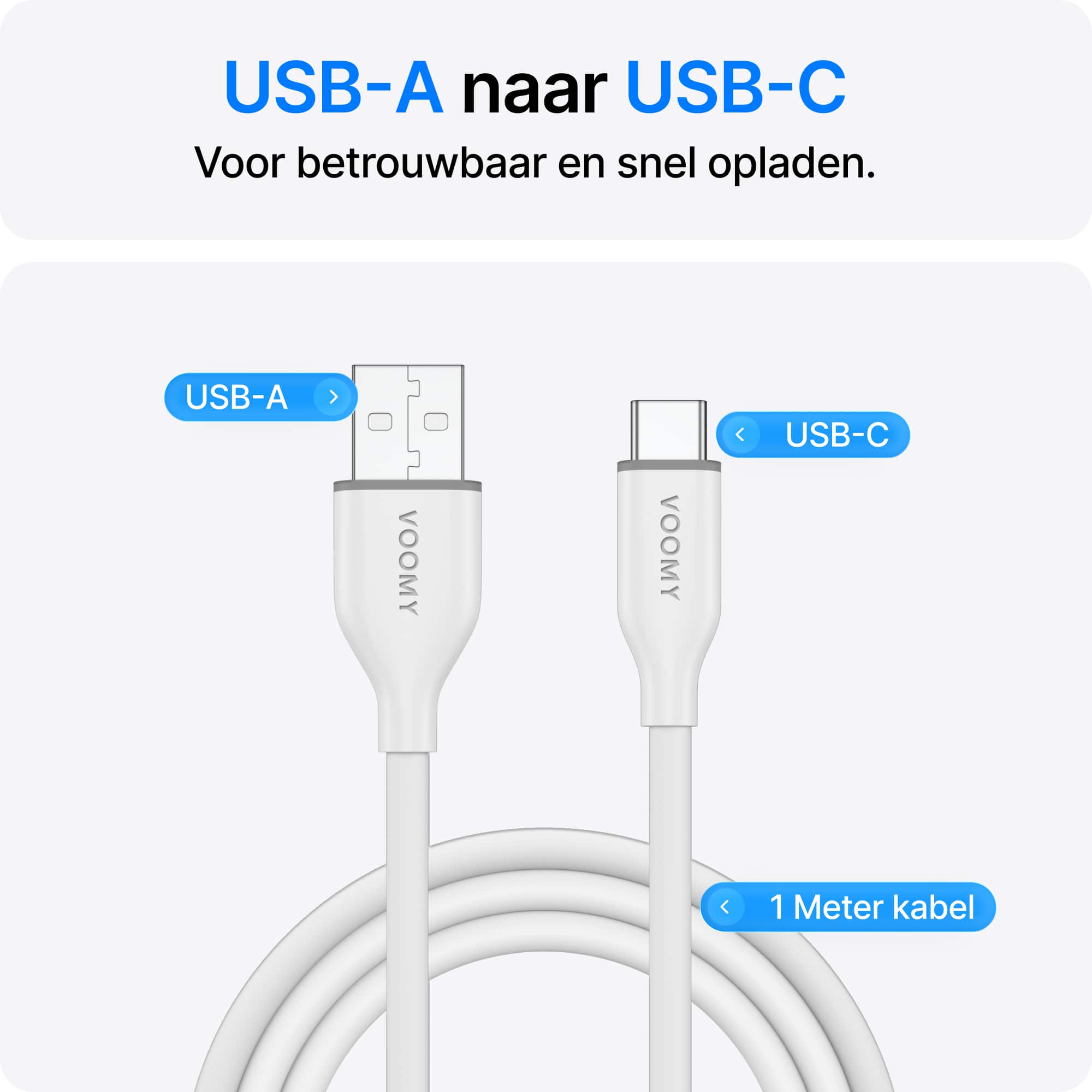 Voomy Connect C710 – 12W USB-C naar USB-A Kabel – 1M – Wit – 2 Stuks