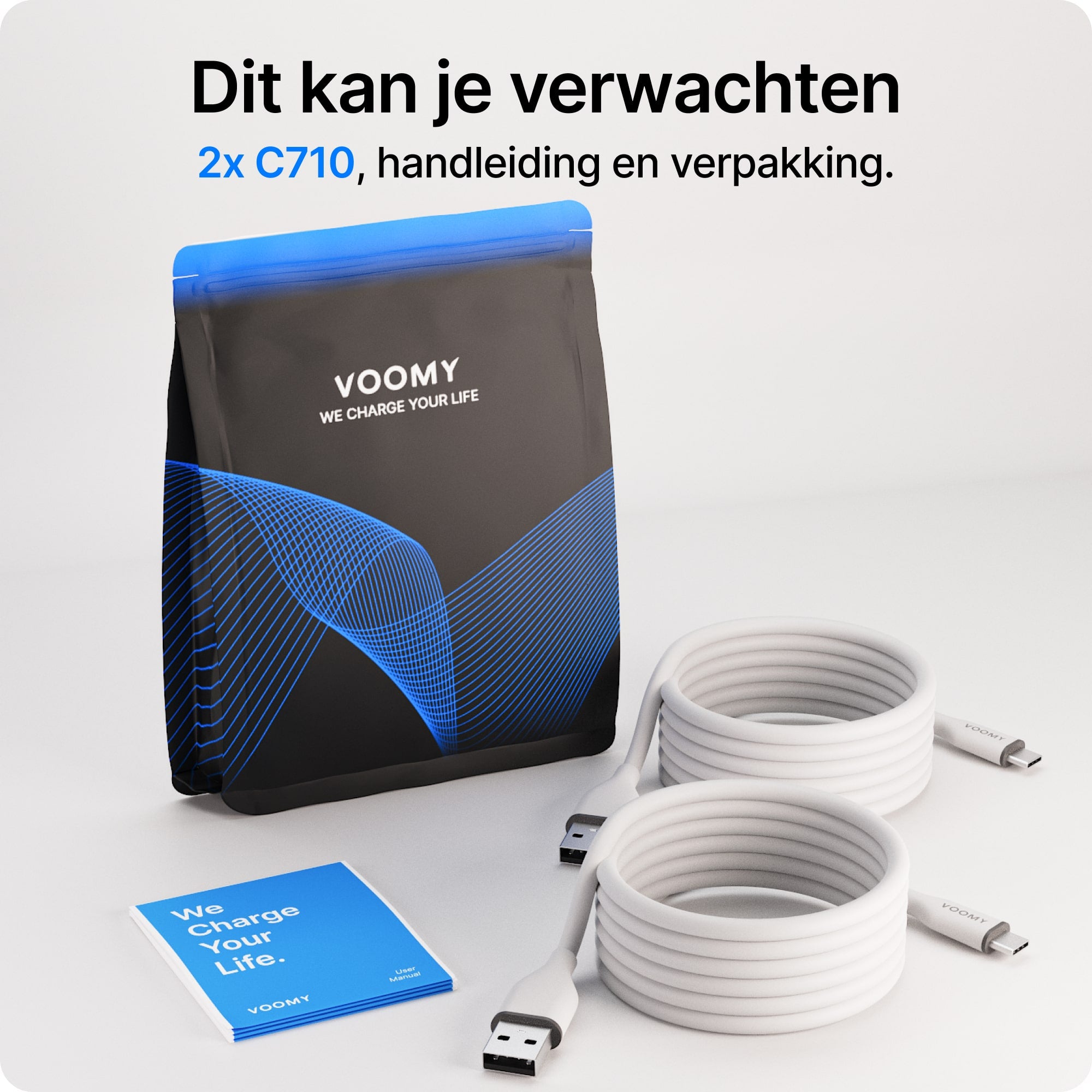 Voomy Connect C710 – 12W USB-C naar USB-A Kabel – 1M – Wit – 2 Stuks