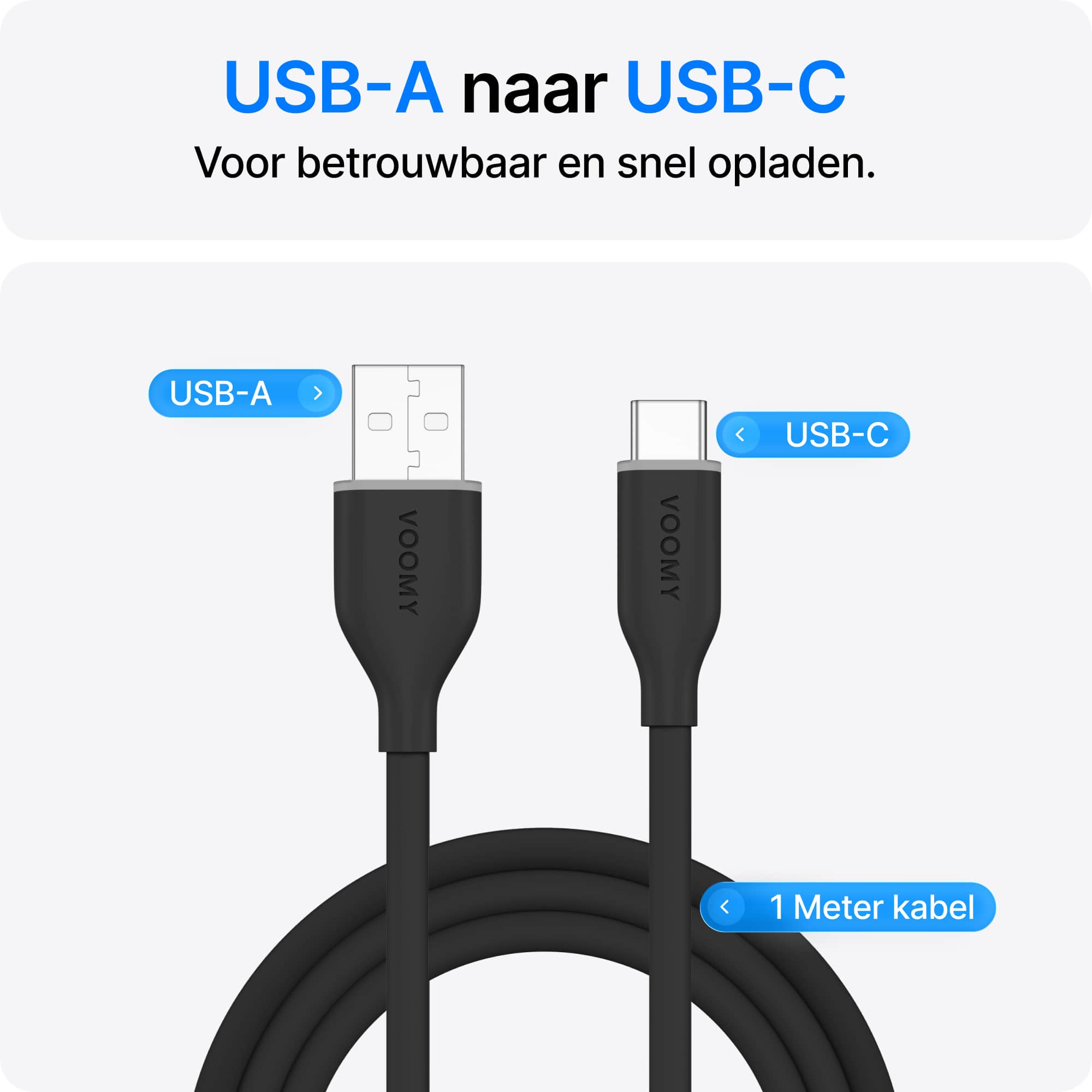 Voomy Connect C710 – 12W USB-C naar USB-A Kabel  – 1M – Zwart