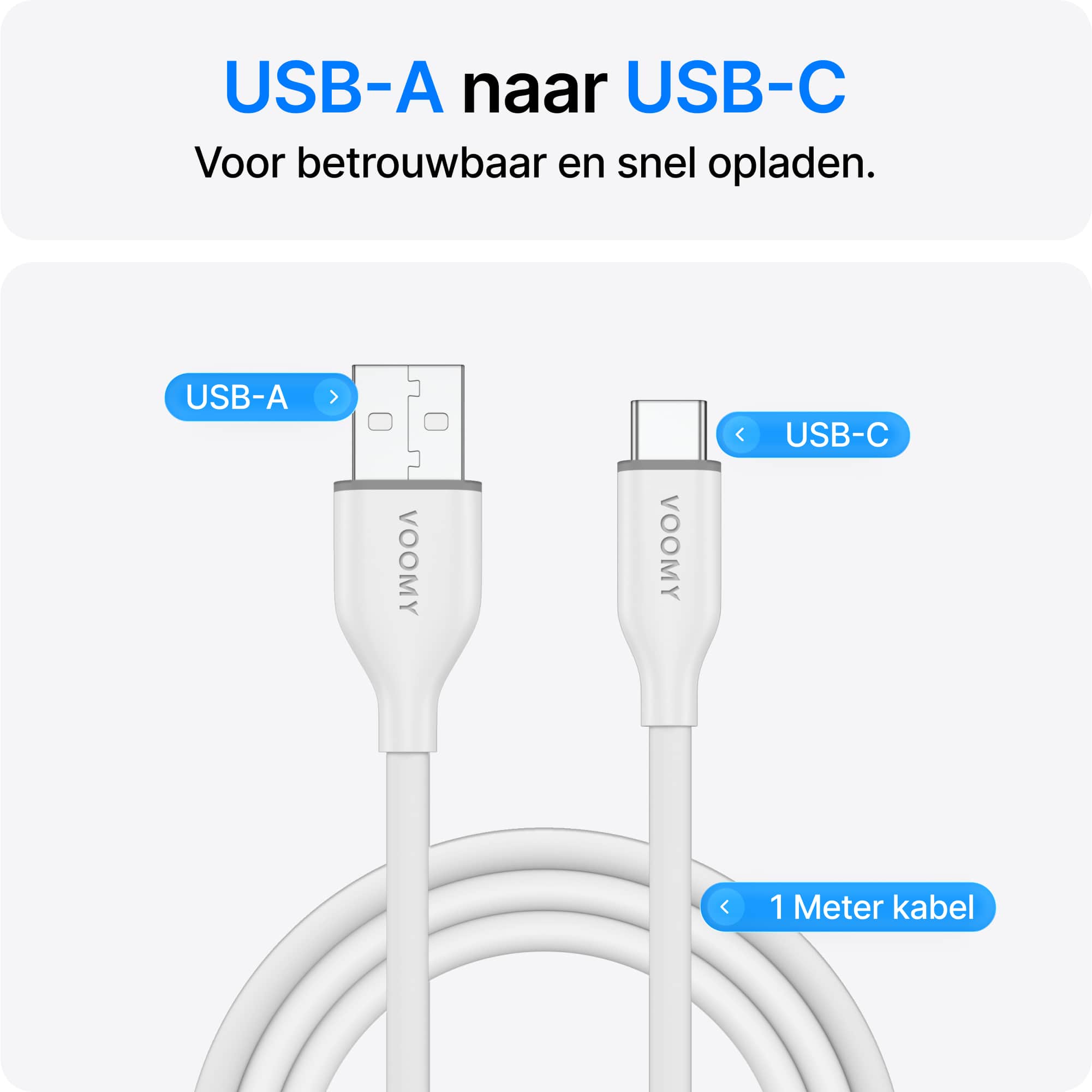 Voomy Connect C710 – 12W USB-C naar USB-A Kabel  – 1M – Wit
