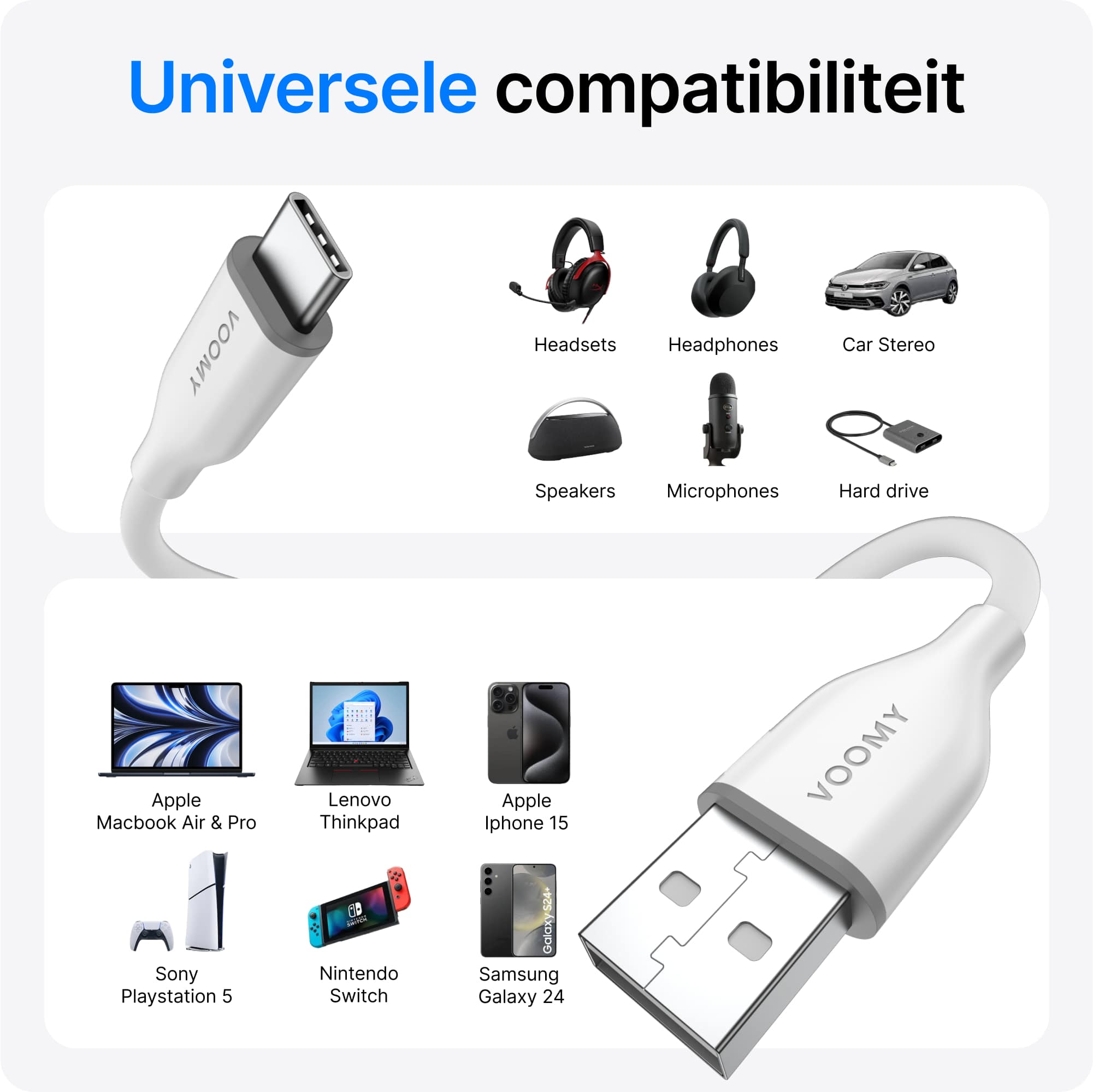 Voomy Connect C710 – 12W USB-C naar USB-A Kabel  – 1M – Wit
