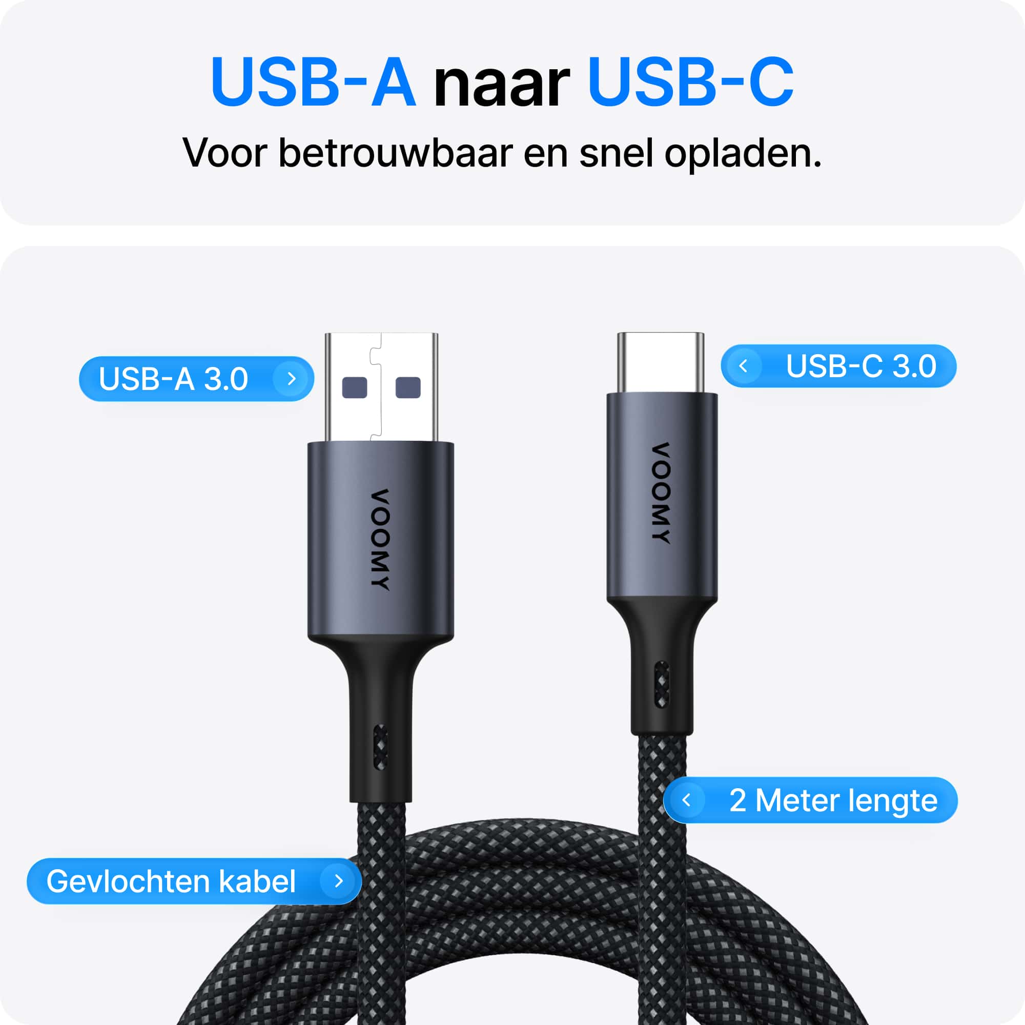 Voomy Connect C720 – USB-C (USB 3.0) naar USB-A Kabel - 2M – Space Grey