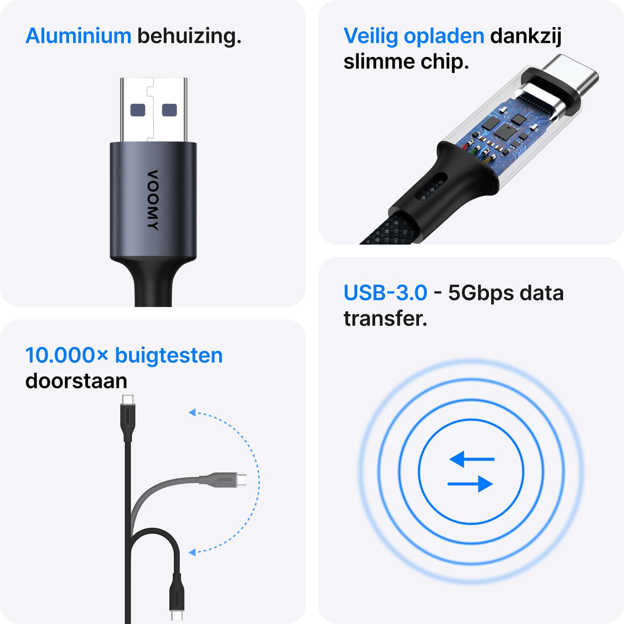 Voomy Connect C720 – USB-C (USB 3.0) naar USB-A Kabel - 2M – Space Grey