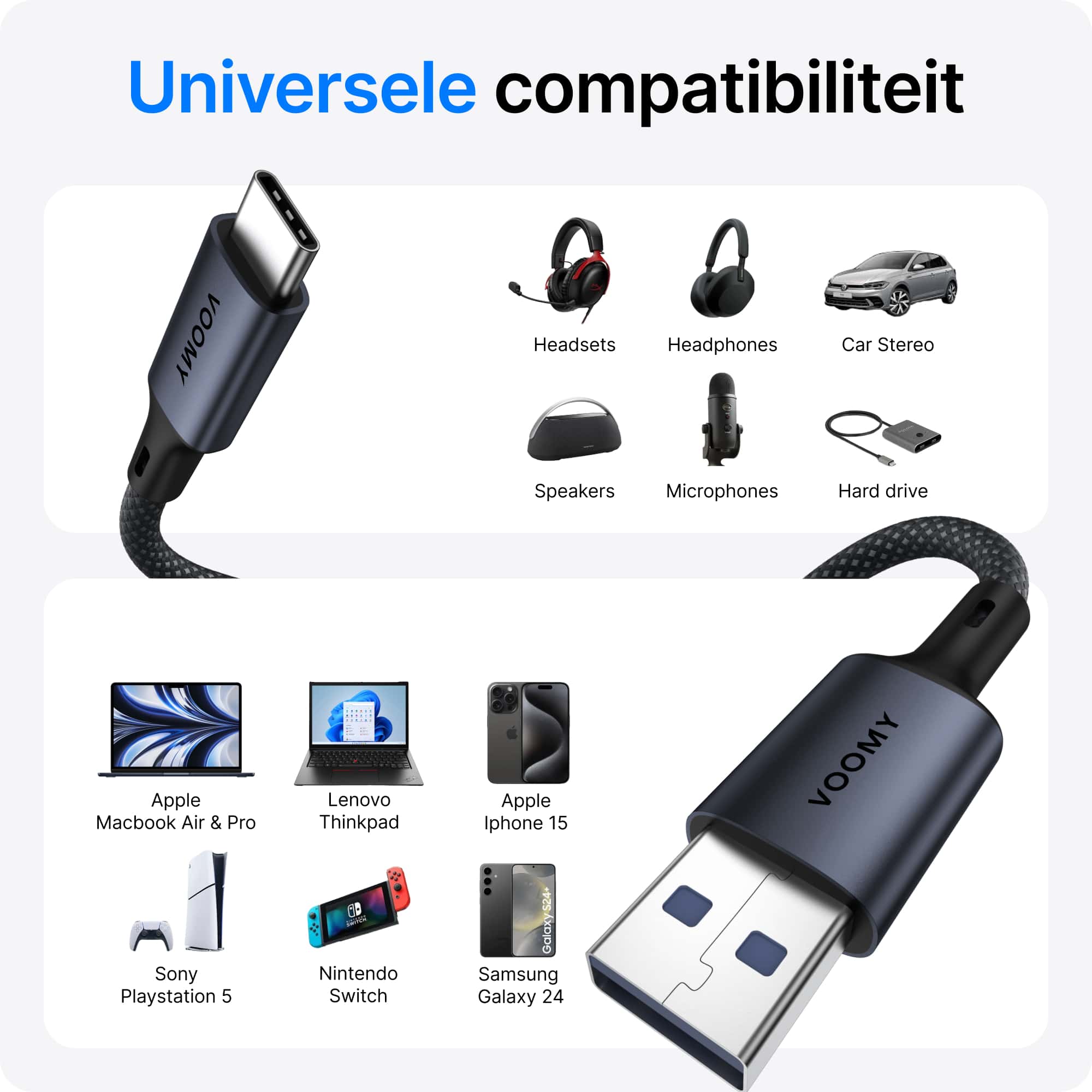 Voomy Connect C720 – USB-C (USB 3.0) naar USB-A Kabel - 2M – Space Grey