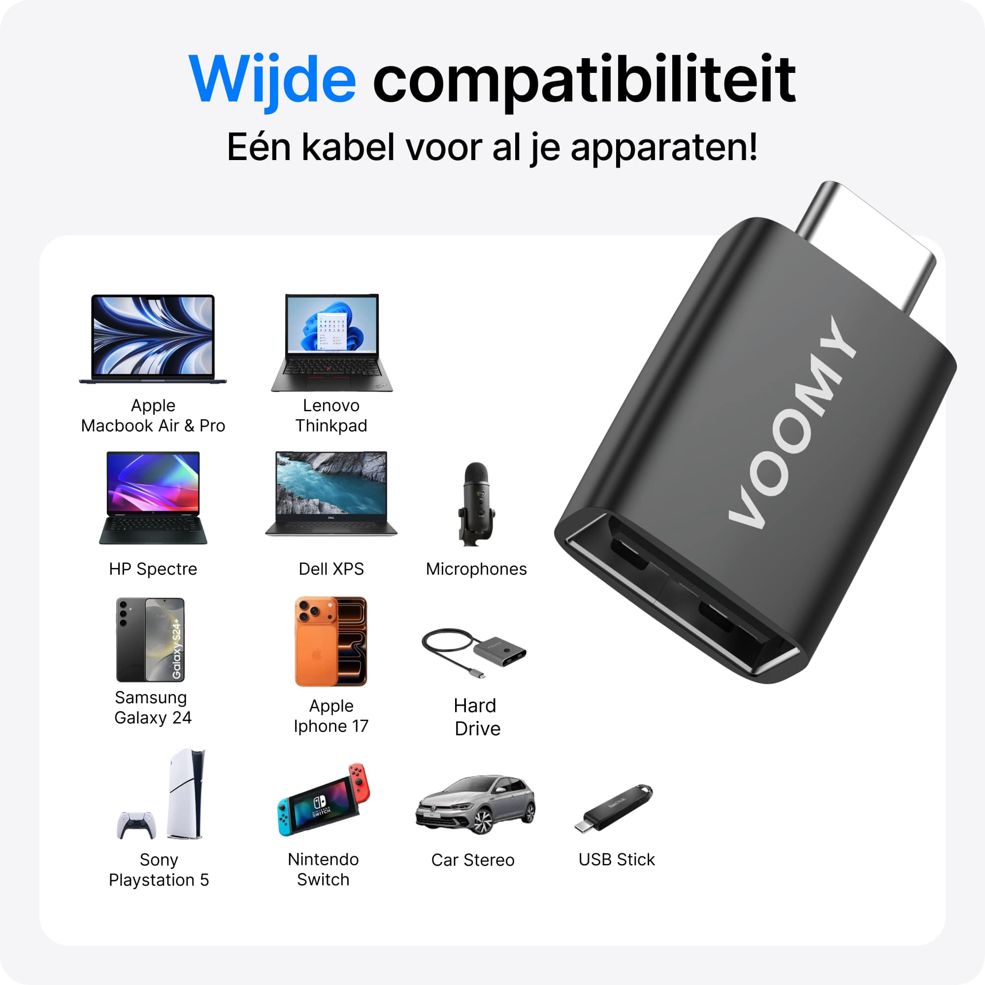 Voomy Connect H101 - USB-A naar USB-C Adapter – 3 stuks – Space Grey