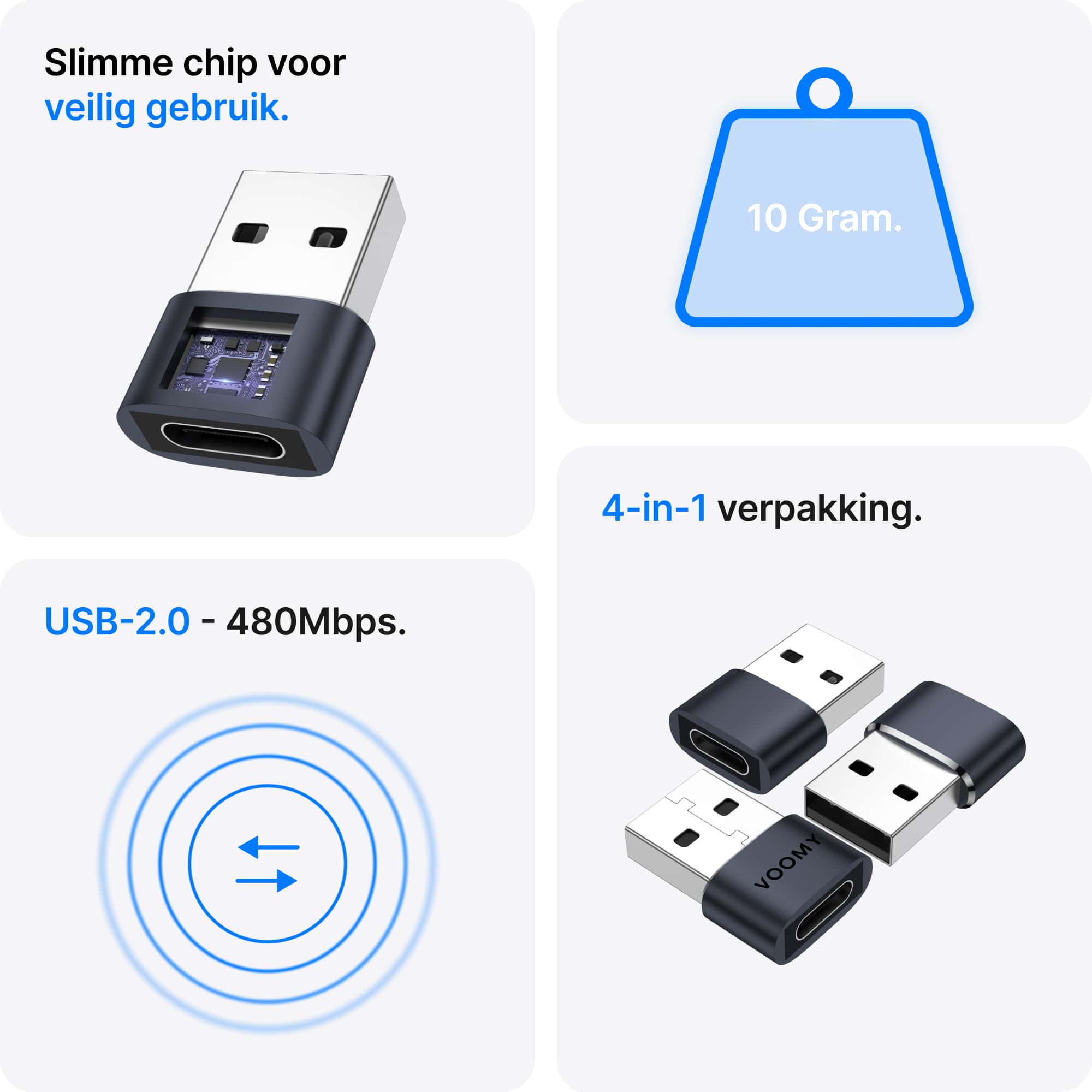 Voomy Connect H102 - USB-C naar USB-A Adapter – 4 stuks – Space Grey