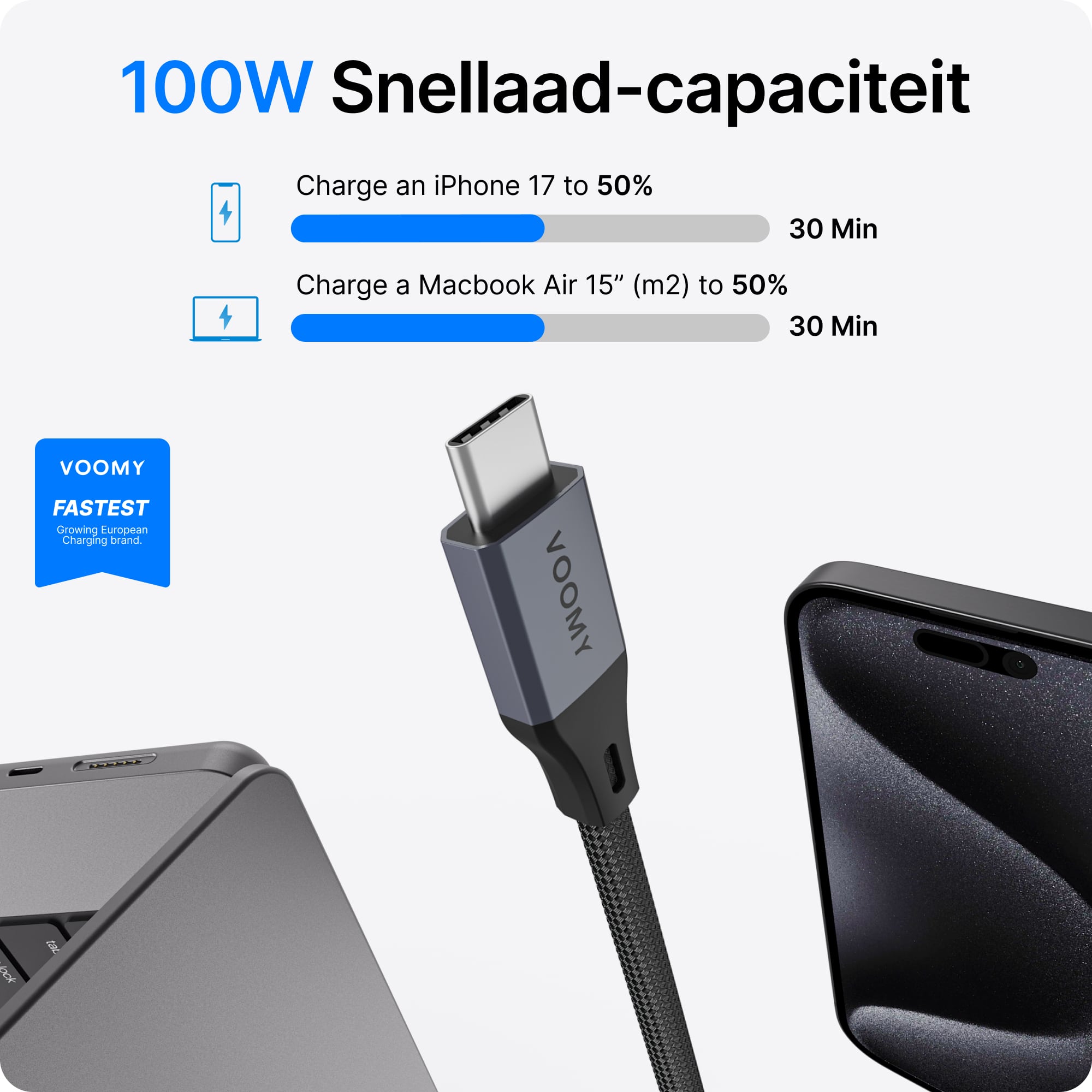 Voomy Connect C310 – 100W USB-C Kabel – Magnetisch – 1M – Space Grey
