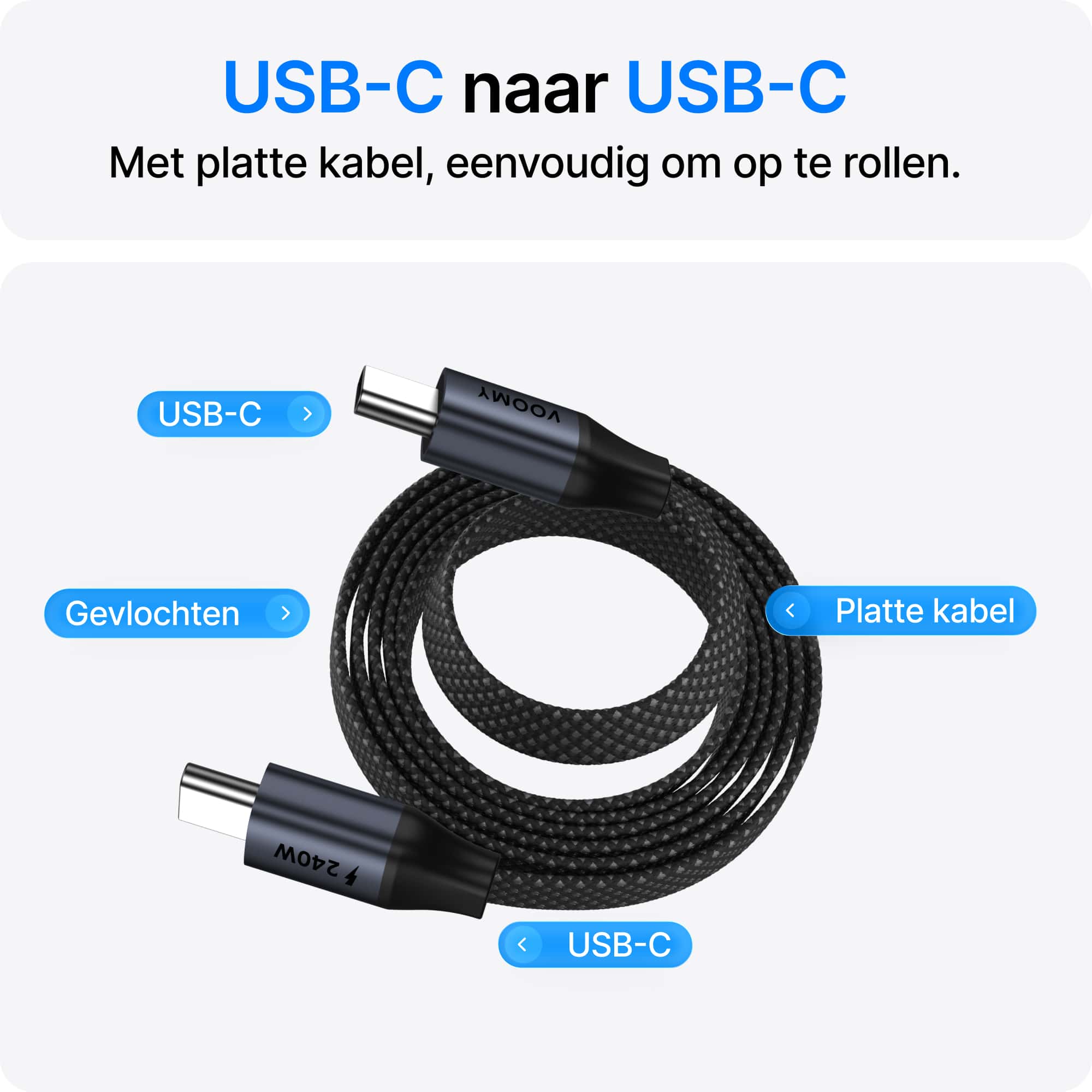 Voomy Connect C510 – 240W USB-C Kabel – Platte Kabel – 2M – Space Grey