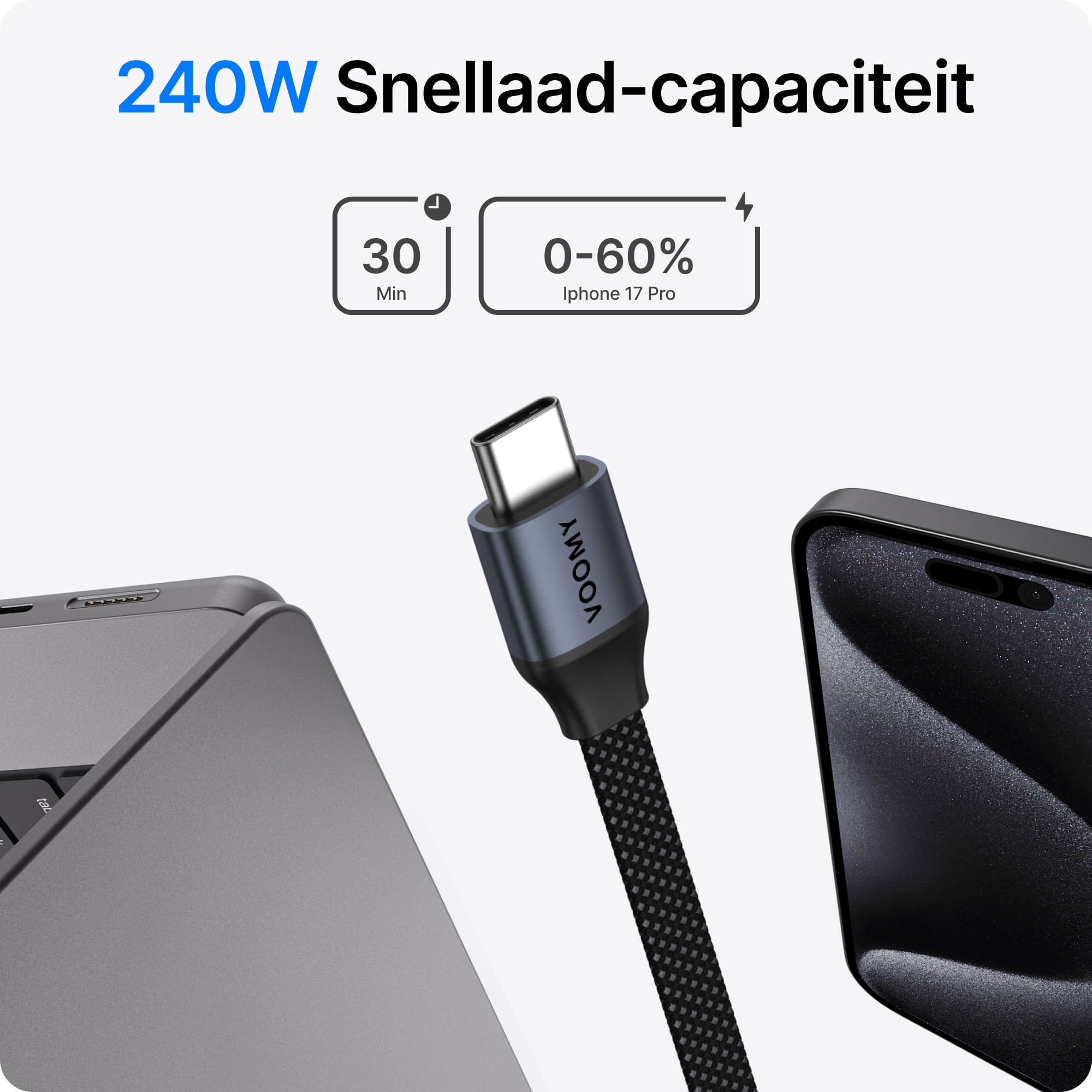 Voomy Connect C510 – 240W USB-C Kabel – Platte Kabel – 2M – Space Grey