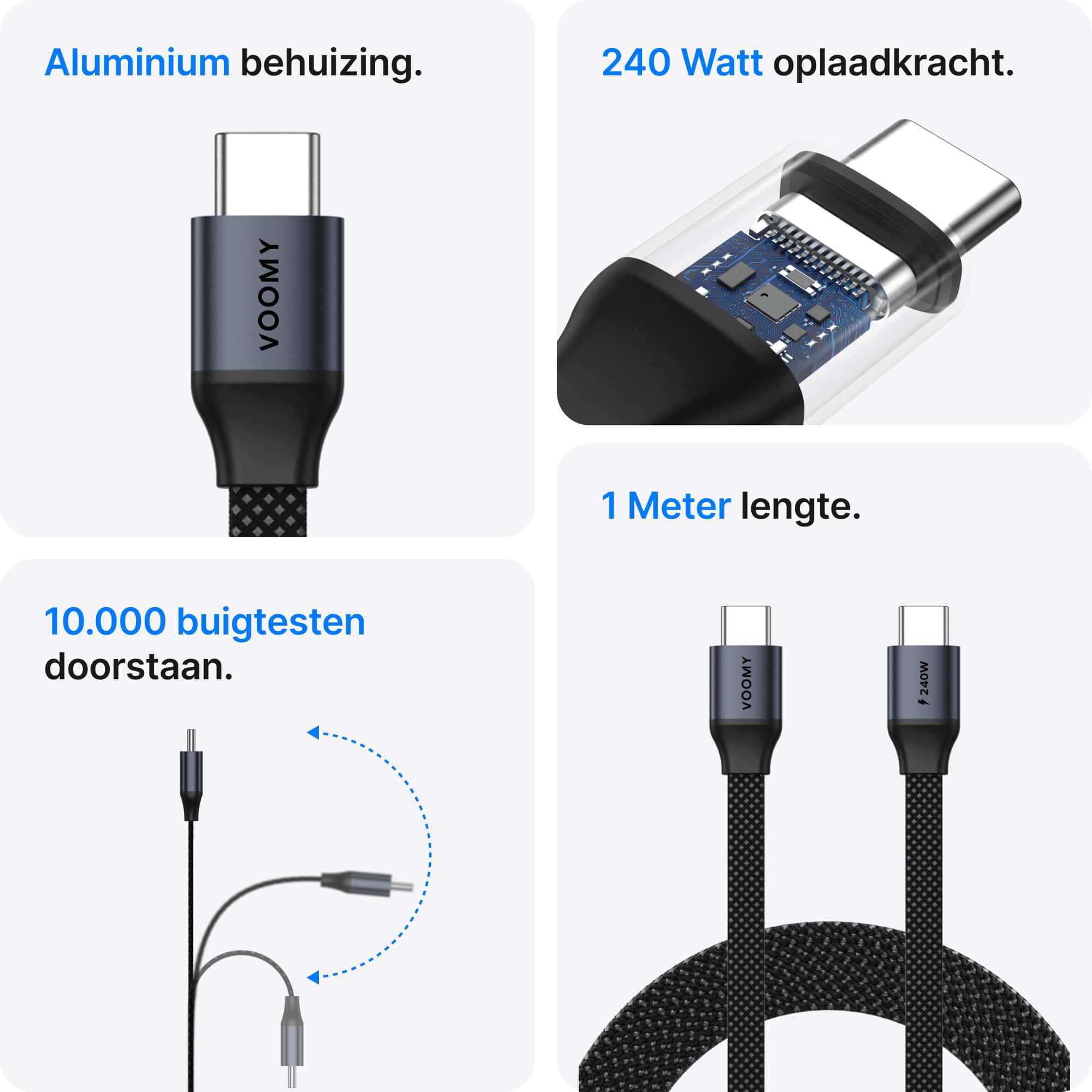 Voomy Connect C510 – 240W USB-C Kabel – Platte Kabel – 2M – Space Grey