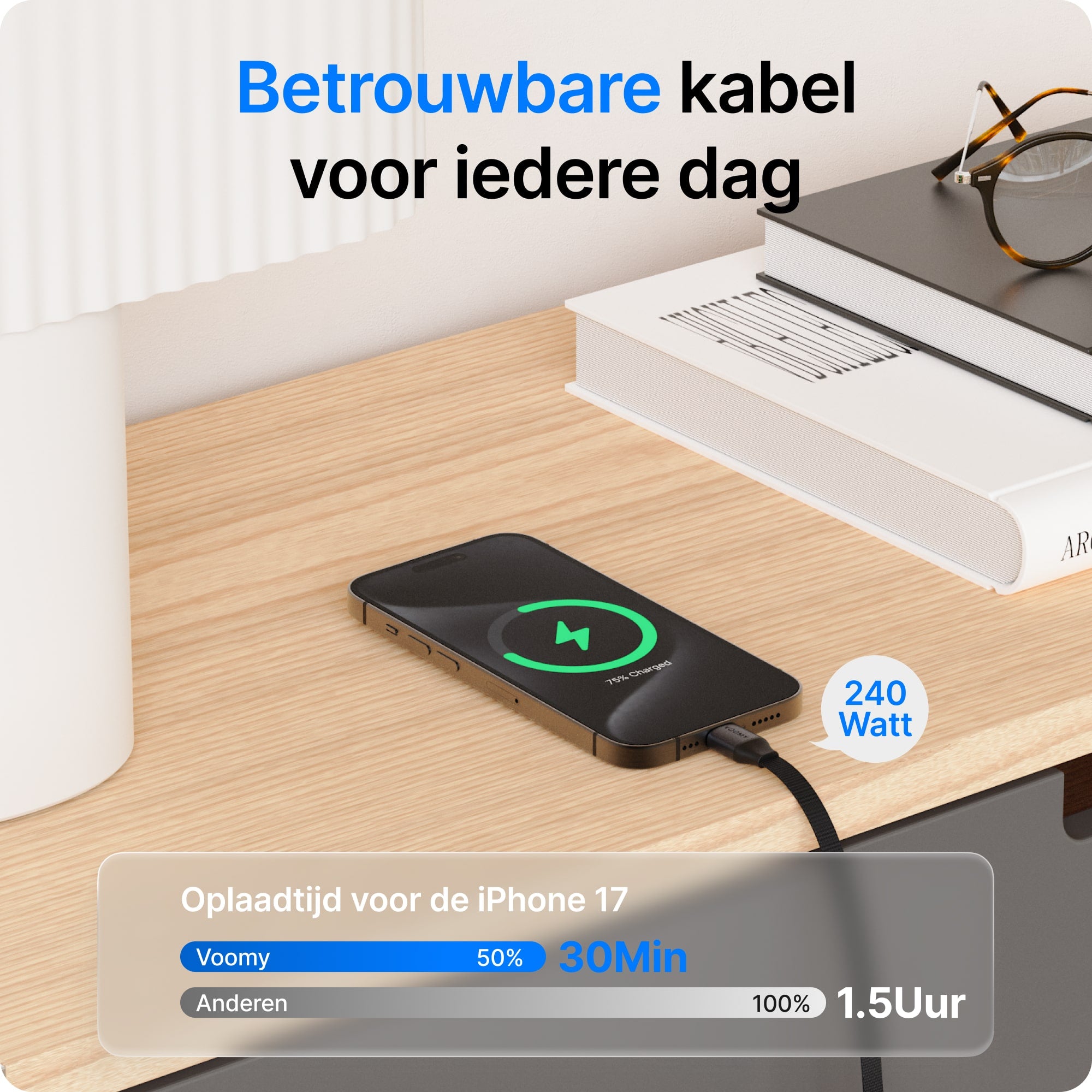 Voomy Connect C510 – 240W USB-C Kabel – Platte Kabel – 2M – Space Grey