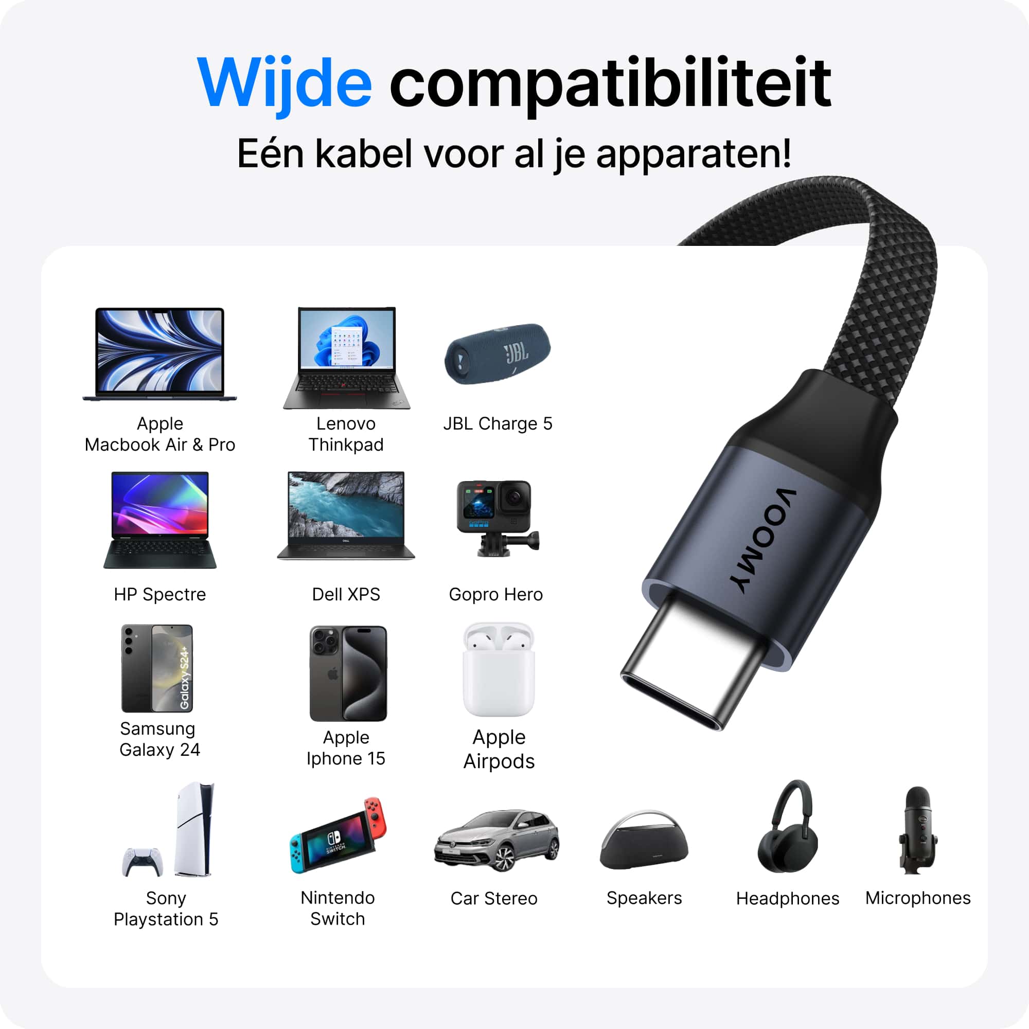 Voomy Connect C510 – 240W USB-C Kabel – Platte Kabel – 2M – Space Grey