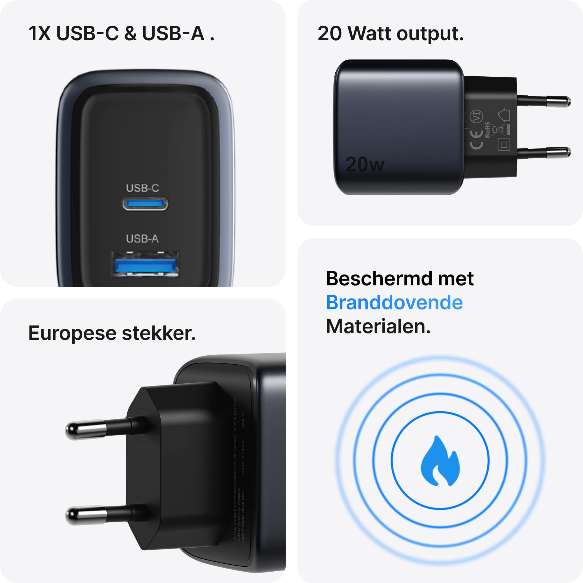 Voomy Charge M620 - 20W Snellader - 2-in-1 oplader met USB-C & USB-A - Space Blue