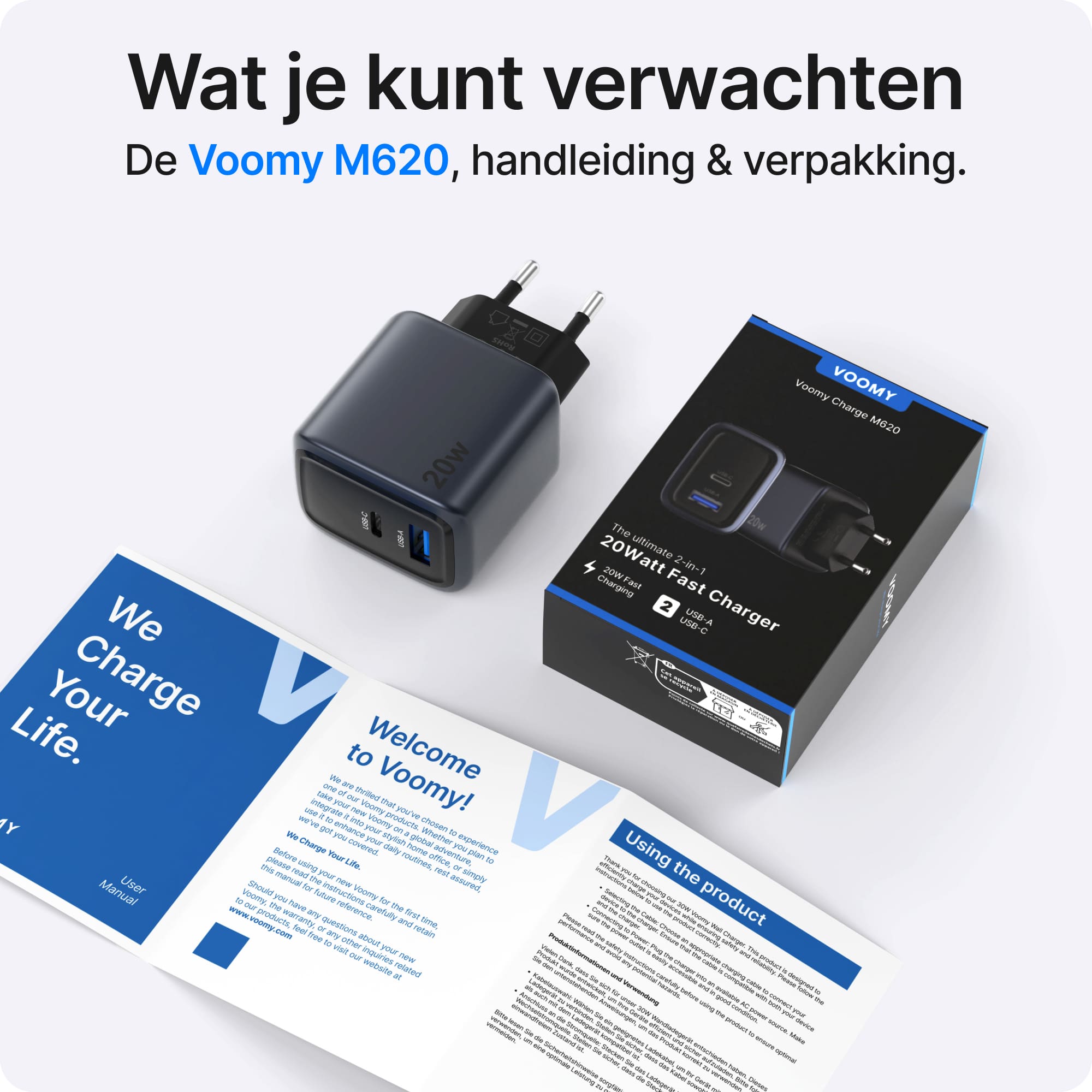 Voomy Charge M620 - 20W Snellader - 2-in-1 oplader met USB-C & USB-A - Space Blue