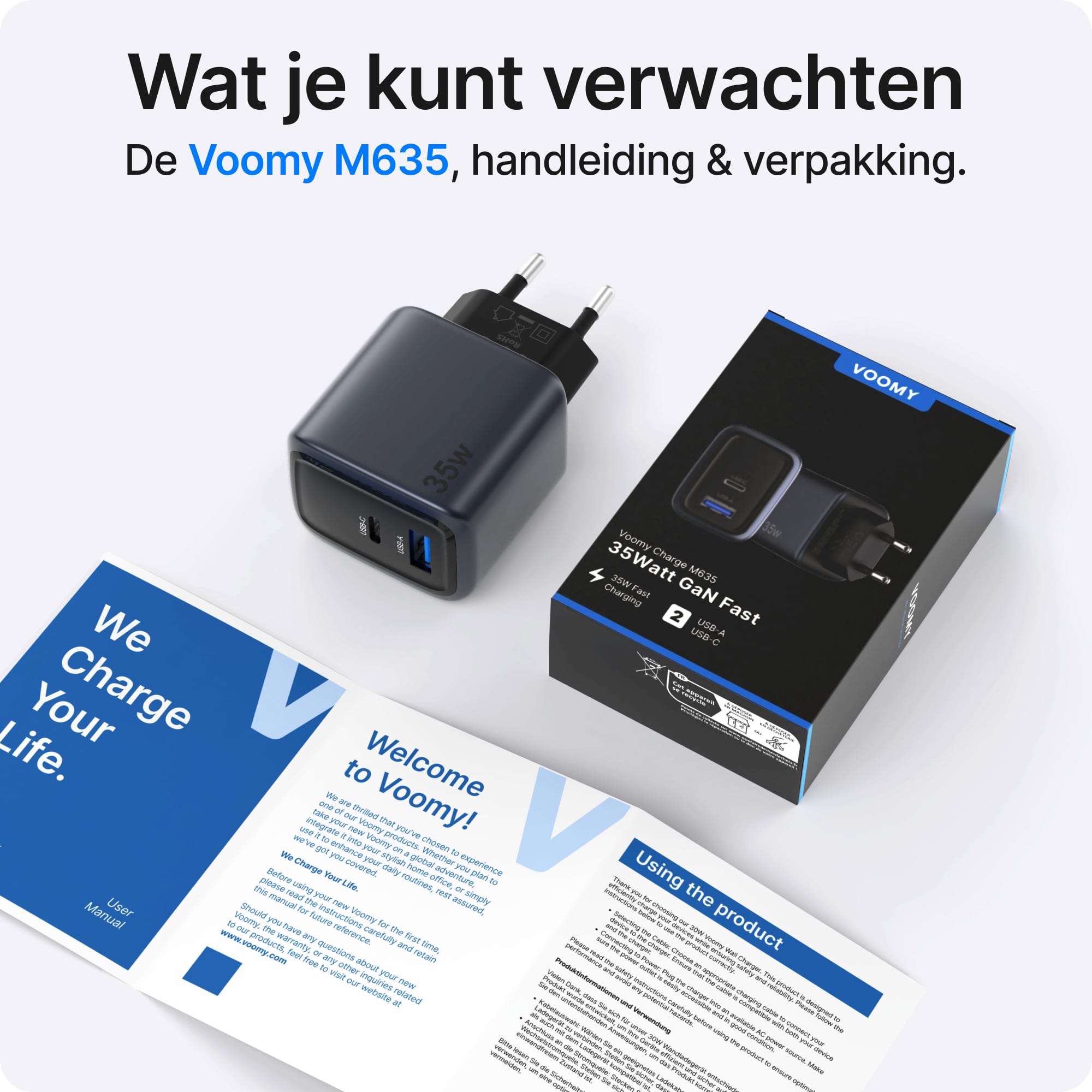 Voomy Charge M635 - 35W Snellader - 2-in-1 Oplader met 1 USB-C & 1 USB-A - Space Blue