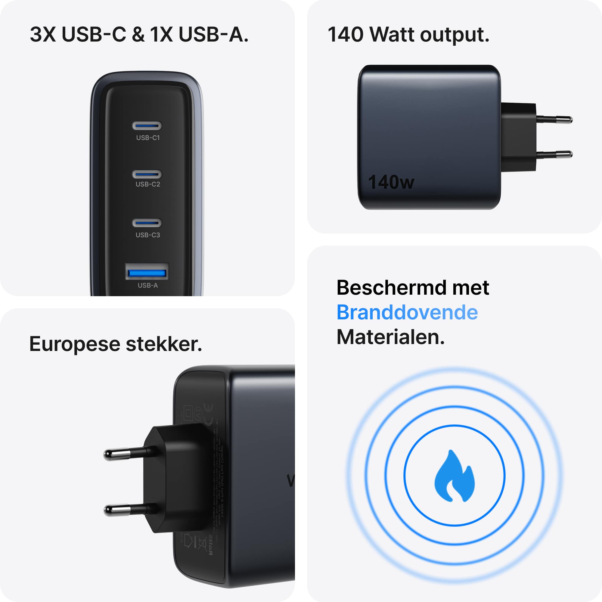Voomy Charge M6140 - 140W GaN Snellader - 4-in-1 Laptop oplader met 3 USB-C & 1 USB-A - Space Blue