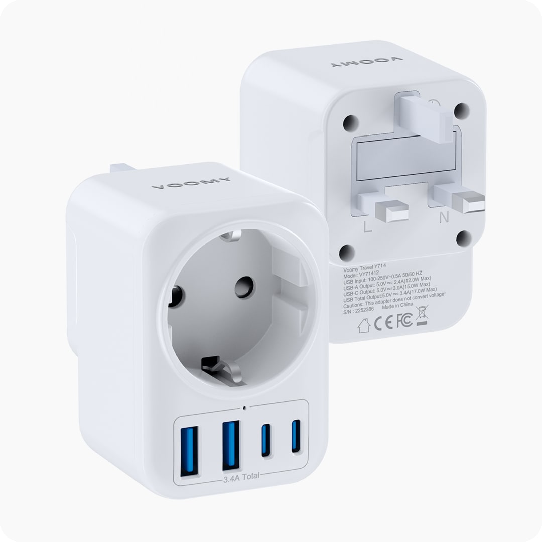 Voomy Travel Y714 - Reisstekker Type G - Geschikt voor Engeland/UK, Ierland, Singapore, Hong Kong - 2x USB-C & 2x USB-A - 3750W - Wit