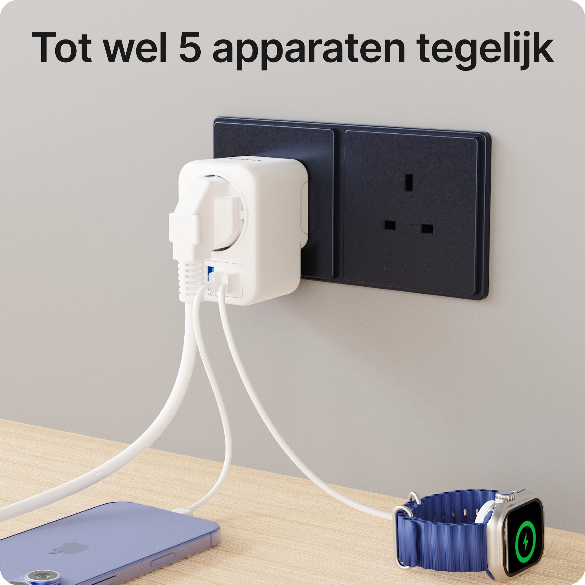 Voomy Travel Y714 - Reisstekker Type G - Geschikt voor Engeland/UK, Ierland, Singapore, Hong Kong - 2x USB-C & 2x USB-A - 3750W - Wit