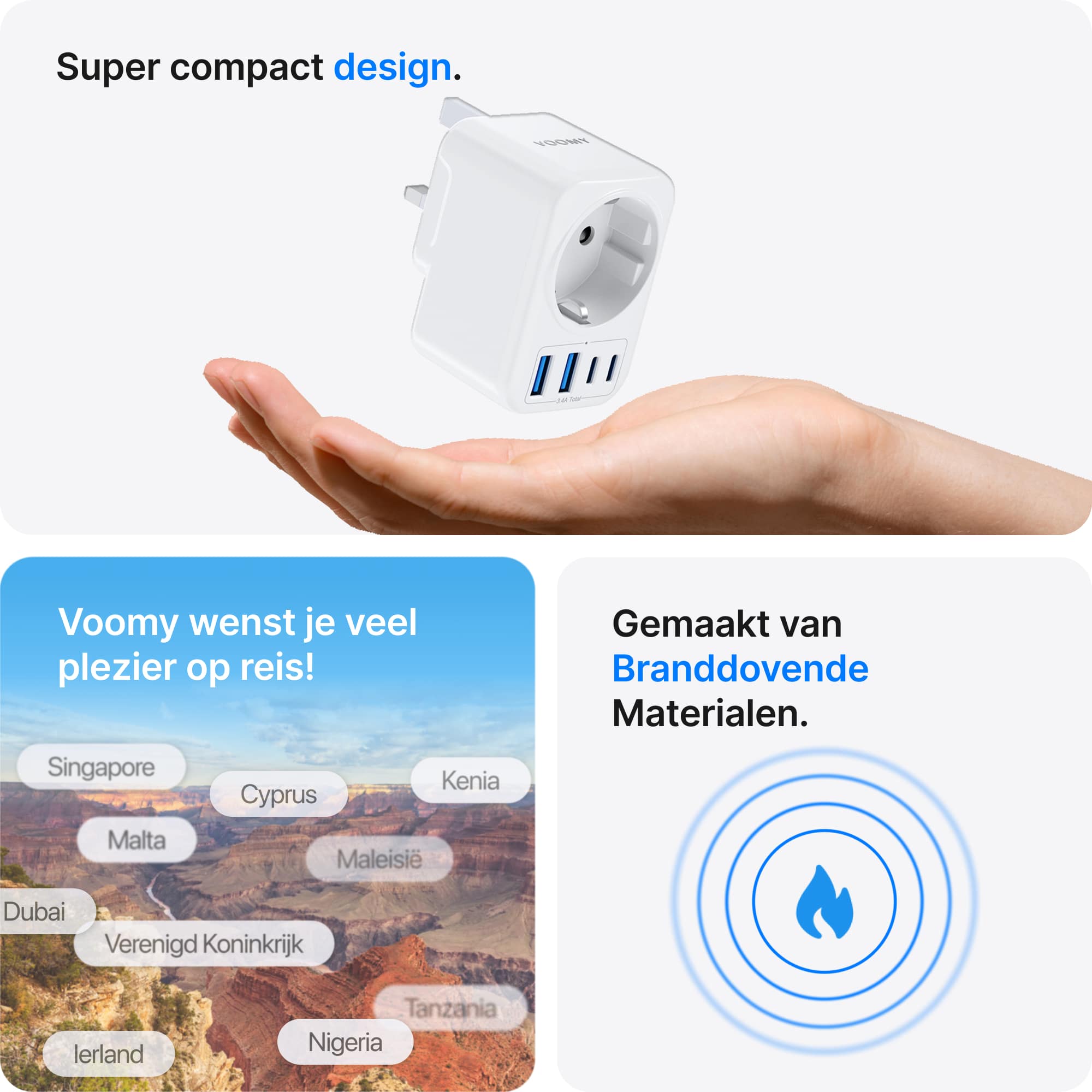 Voomy Travel Y714 - Reisstekker Type G - Geschikt voor Engeland/UK, Ierland, Singapore, Hong Kong - 2x USB-C & 2x USB-A - 3750W - Wit