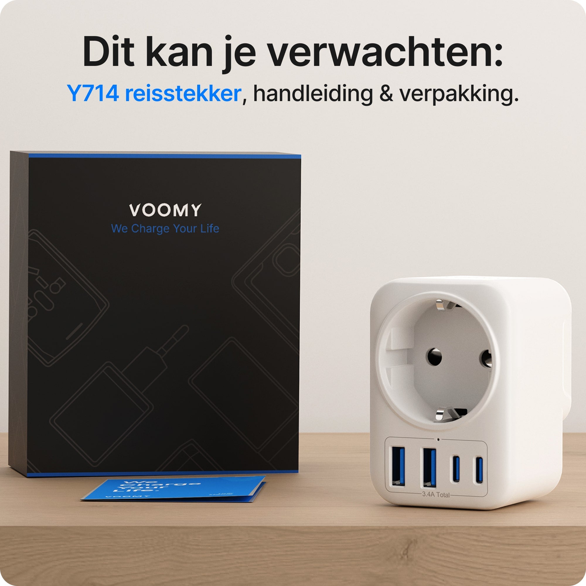 Voomy Travel Y714 - Reisstekker Type G - Geschikt voor Engeland/UK, Ierland, Singapore, Hong Kong - 2x USB-C & 2x USB-A - 3750W - Wit