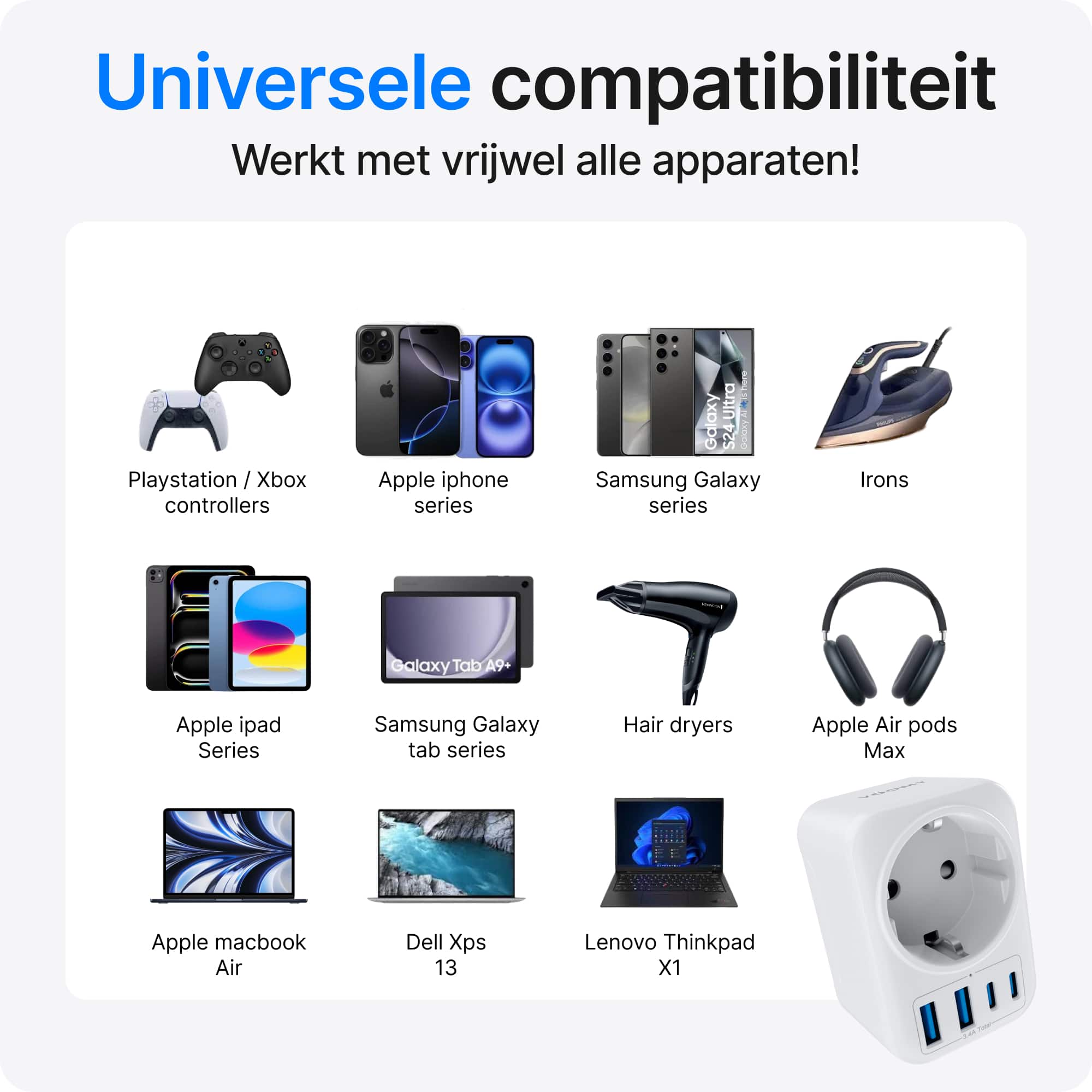 Voomy Travel Y712 - Reisstekker Type M - Geschikt voor Zuid-Afrika, Maleisië, Sri Lanka, Singapore - 2x USB-C & 2x USB-A - 3750W - Wit