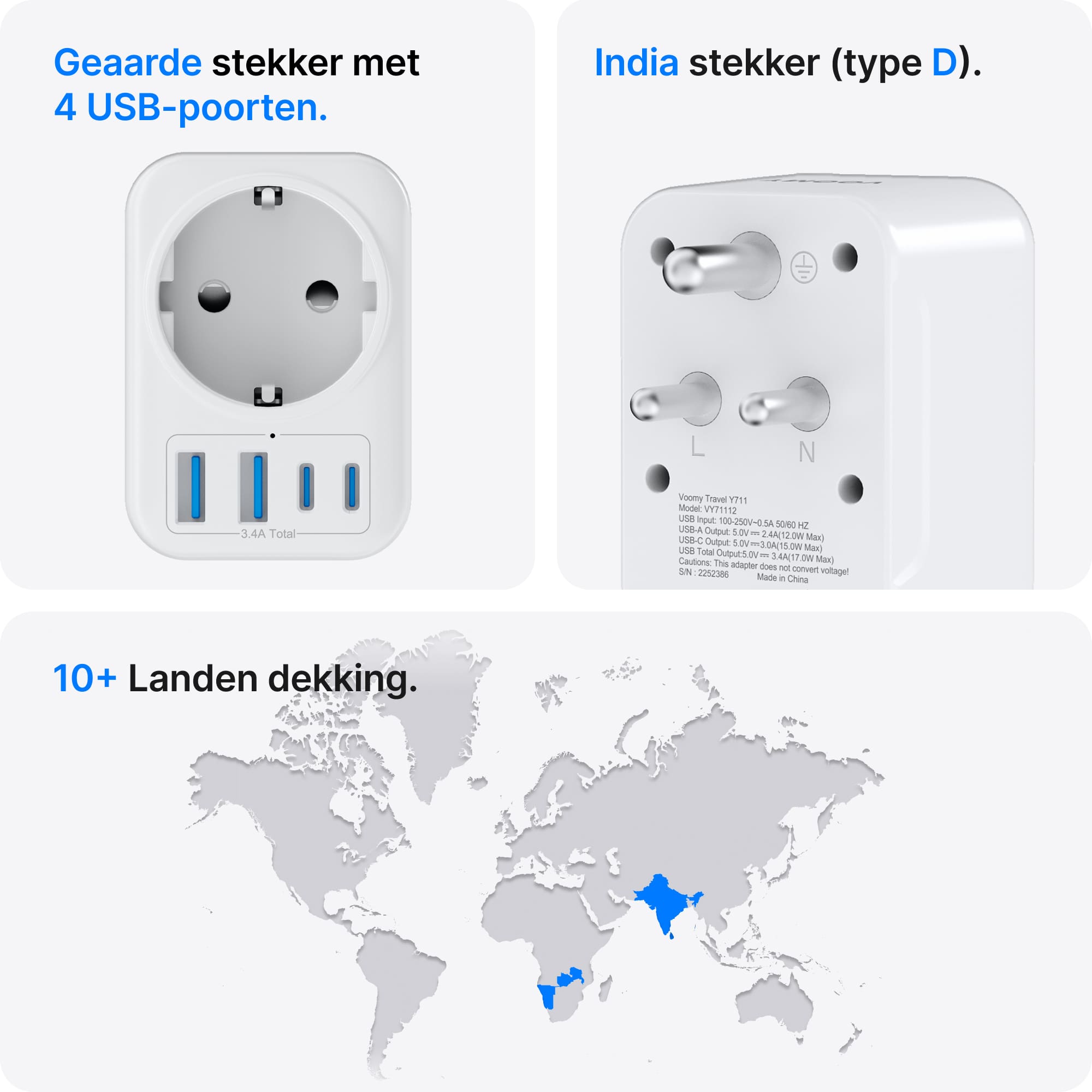 Voomy Travel Y711 - Reisstekker Type D - Geschikt voor India, Sri Lanka, Pakistan, Nepal - 2x USB-C & 2x USB-A - 3750W - Wit