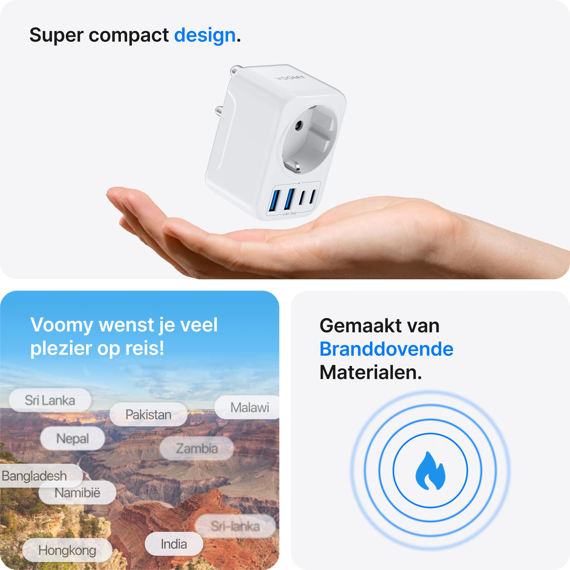 Voomy Travel Y711 - Reisstekker Type D - Geschikt voor India, Sri Lanka, Pakistan, Nepal - 2x USB-C & 2x USB-A - 3750W - Wit