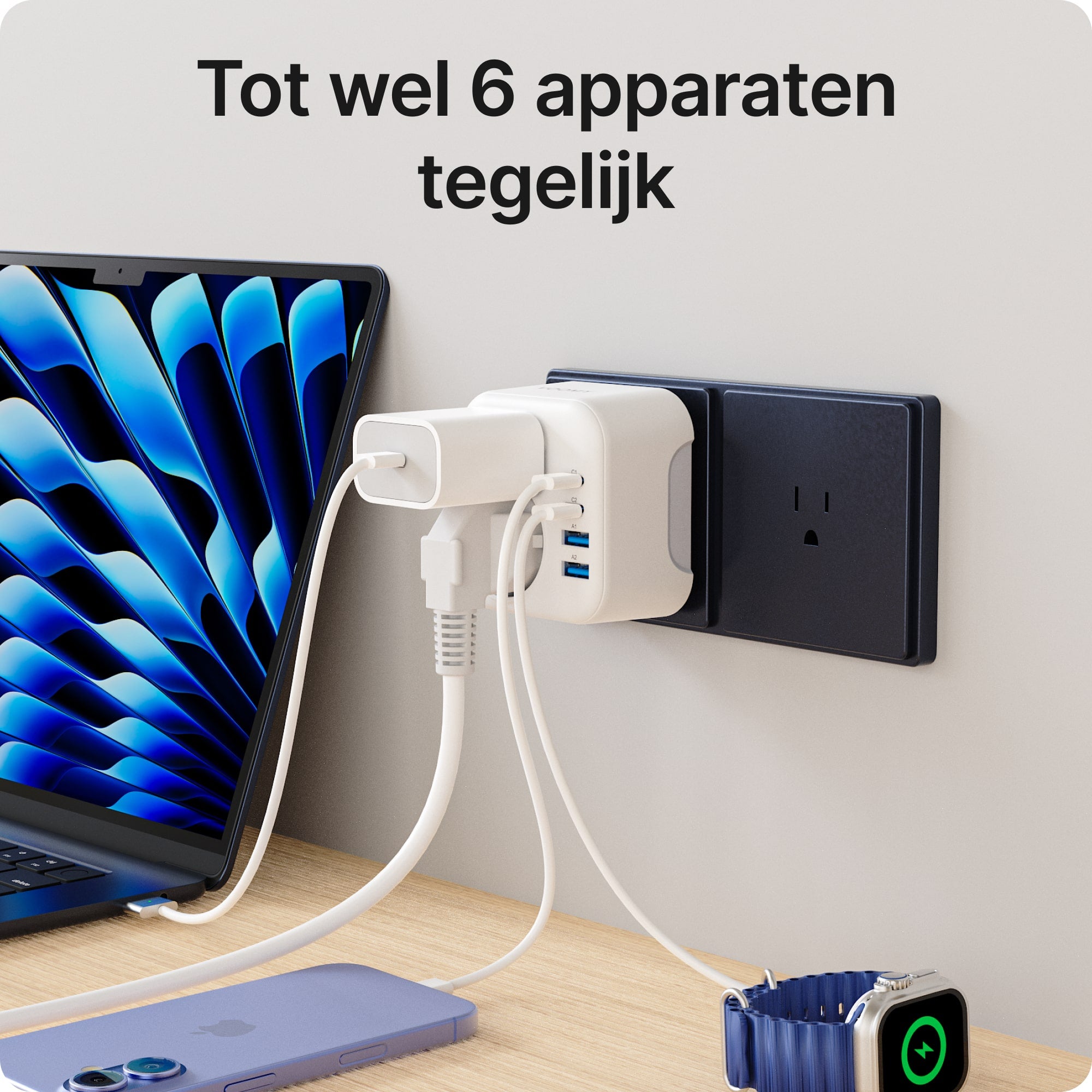 Voomy Travel Y723 - 6-in-1 reisstekker Type B voor Amerika - USB-C, USB-A en 2 stopcontacten - Wit