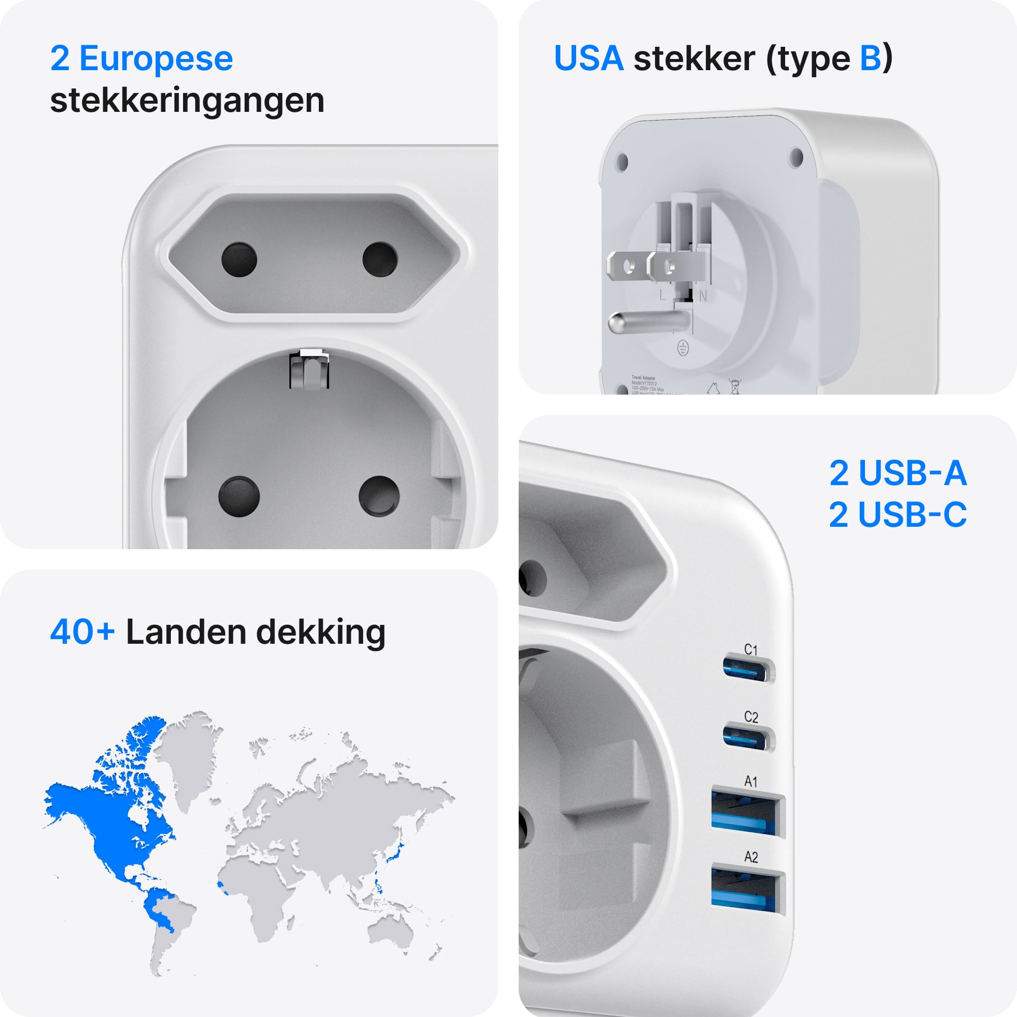 Voomy Travel Y723 - 6-in-1 reisstekker Type B voor Amerika - USB-C, USB-A en 2 stopcontacten - Wit
