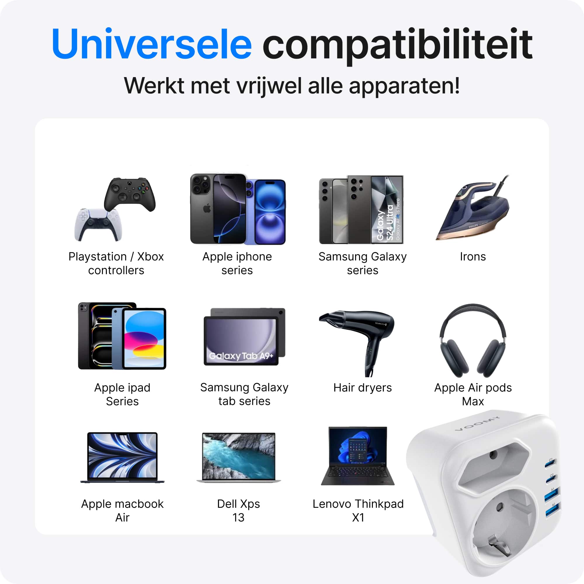 Voomy Travel Y723 - 6-in-1 reisstekker Type B voor Amerika - USB-C, USB-A en 2 stopcontacten - Wit