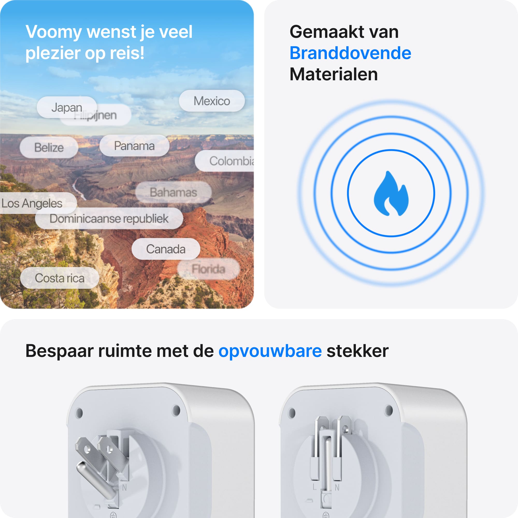 Voomy Travel Y723 - 6-in-1 reisstekker Type B voor Amerika - USB-C, USB-A en 2 stopcontacten - Wit