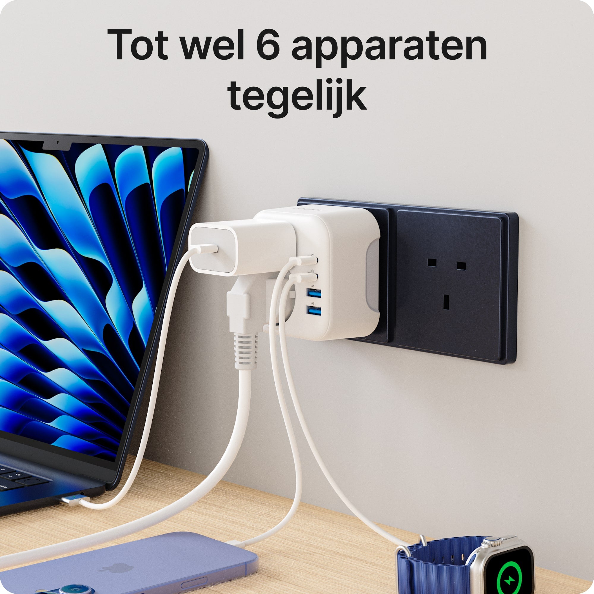 Voomy Travel Y724 - 6-in-1 reisstekker Type G voor Engeland - USB-C, USB-A en 2 stopcontacten - Wit