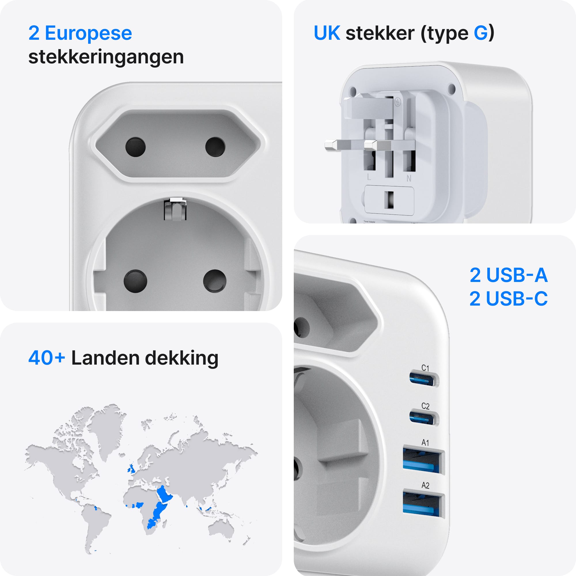 Voomy Travel Y724 - 6-in-1 reisstekker Type G voor Engeland - USB-C, USB-A en 2 stopcontacten - Wit