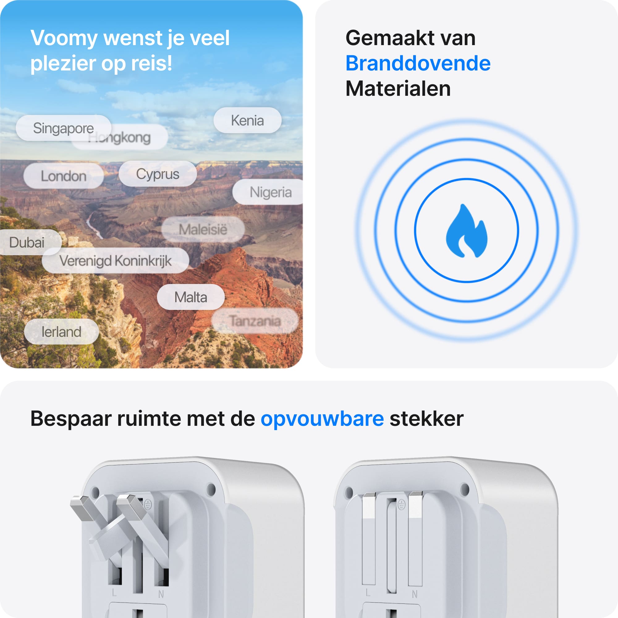 Voomy Travel Y724 - 6-in-1 reisstekker Type G voor Engeland - USB-C, USB-A en 2 stopcontacten - Wit