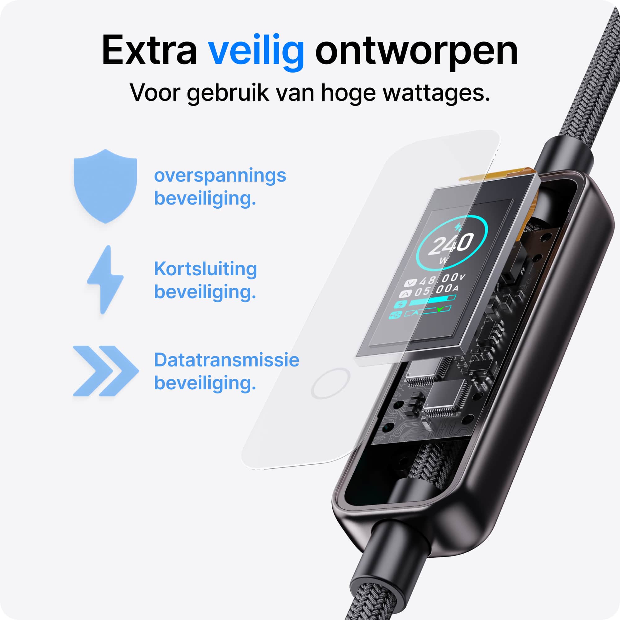Voomy Connect C241 - 240W USB-C kabel met Digitale LED-Display - 240W snelladen - 480Mbps data overdracht - 1.2M - Zwart