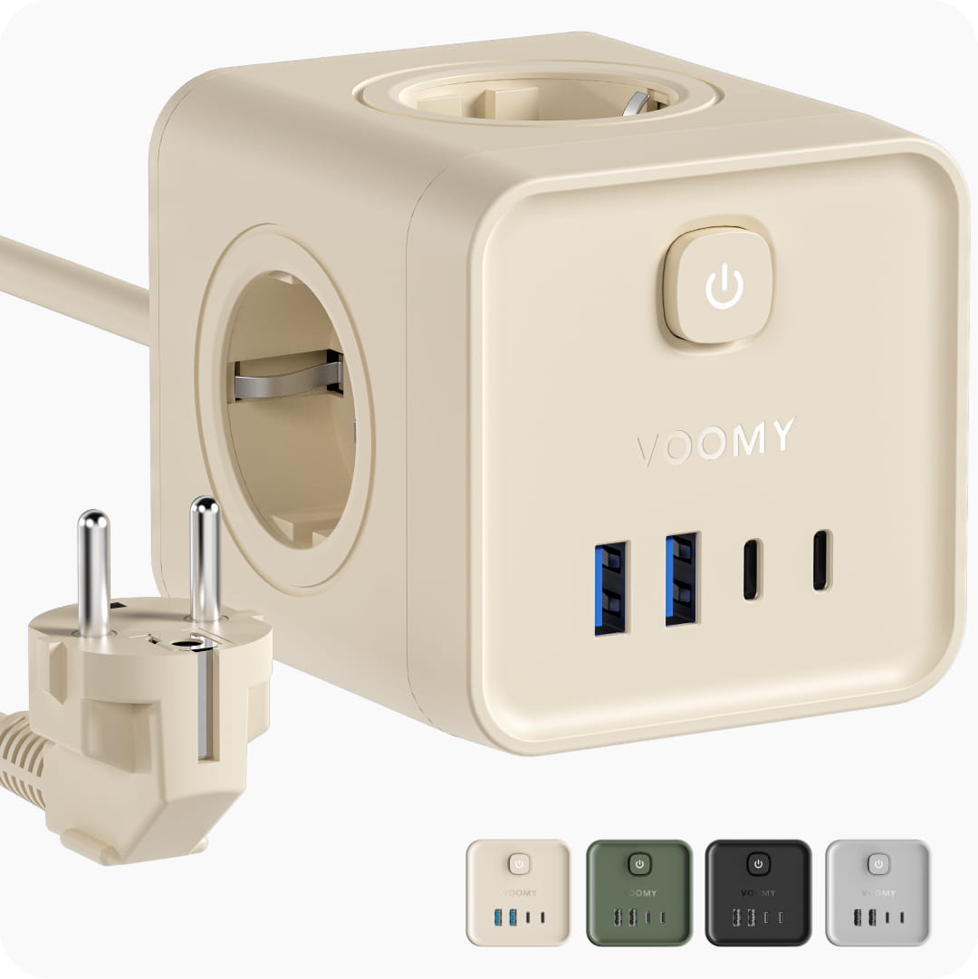 Voomy Power Cube S7 - Stekkerdoos met 4 stopcontact, 2 USB-C (20W) & 2 USB-A - 2 Meter - Home stekkerdoos - Beige