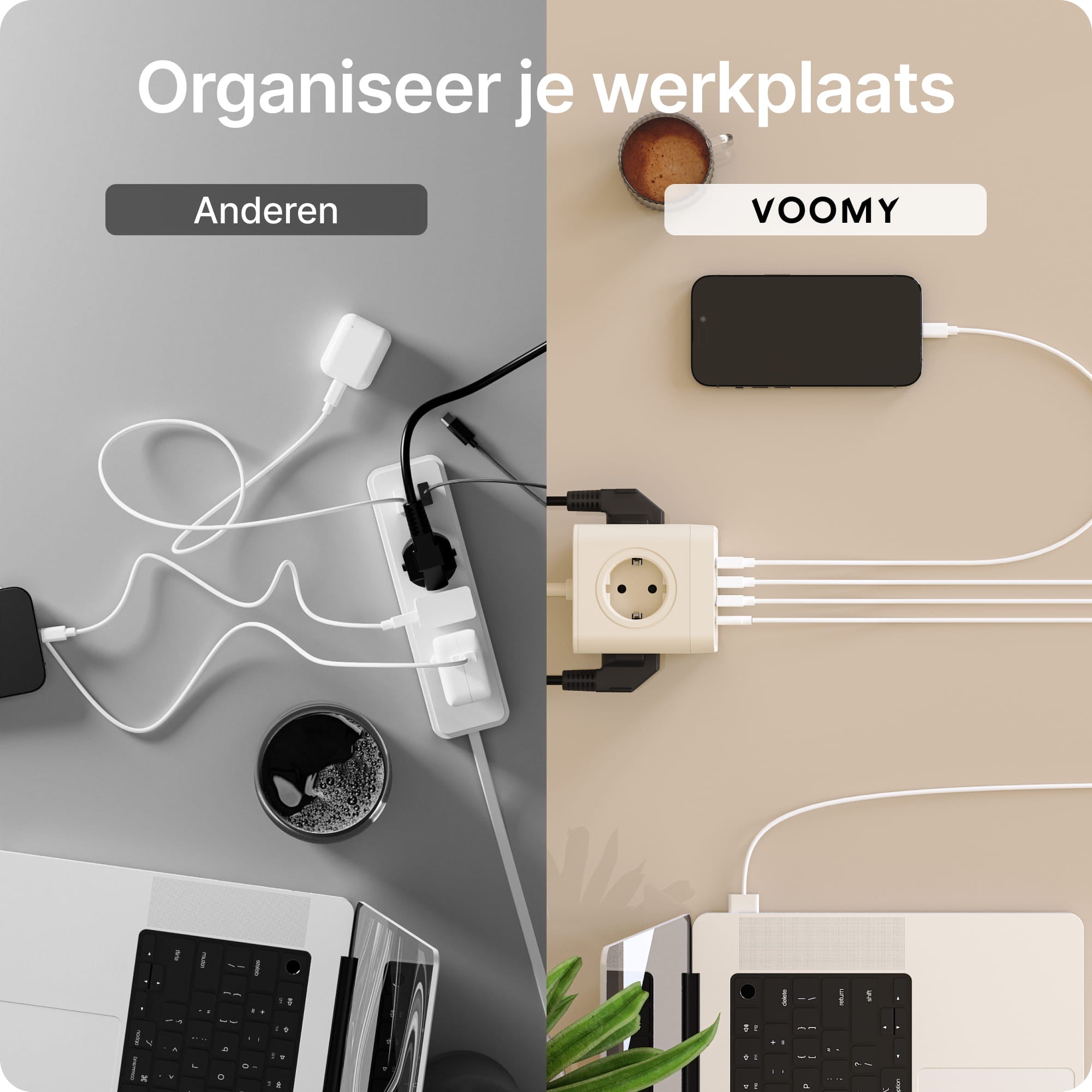 Voomy Power Cube S7 - Stekkerdoos met 4 stopcontact, 2 USB-C (20W) & 2 USB-A - 2 Meter - Home stekkerdoos - Beige
