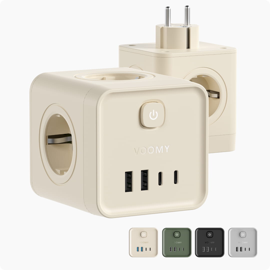 Voomy Split X7 - 8-in-1 Home Verdeelstekker - 4 stopcontacten, 2 USB-C (20W) & 2 USB-A - Beige
