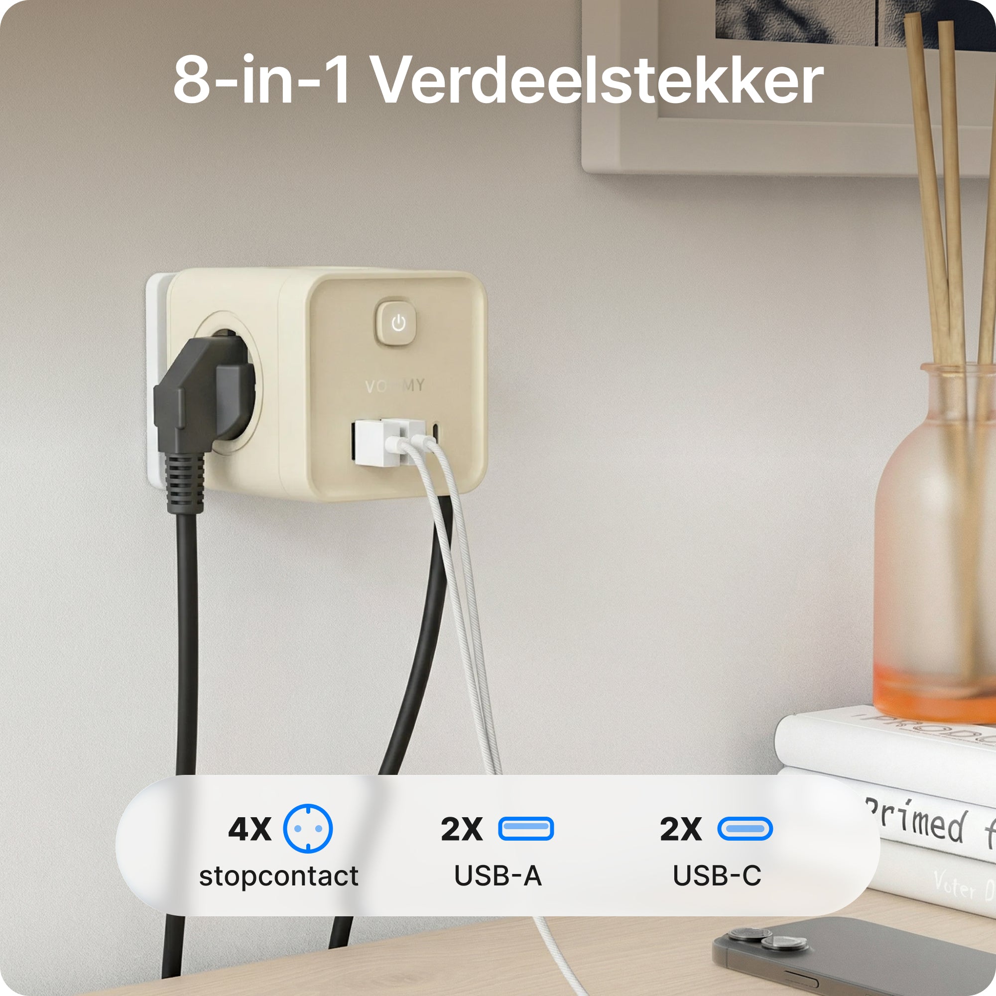 Voomy Split X7 - 8-in-1 Home Verdeelstekker - 4 stopcontacten, 2 USB-C (20W) & 2 USB-A - Beige