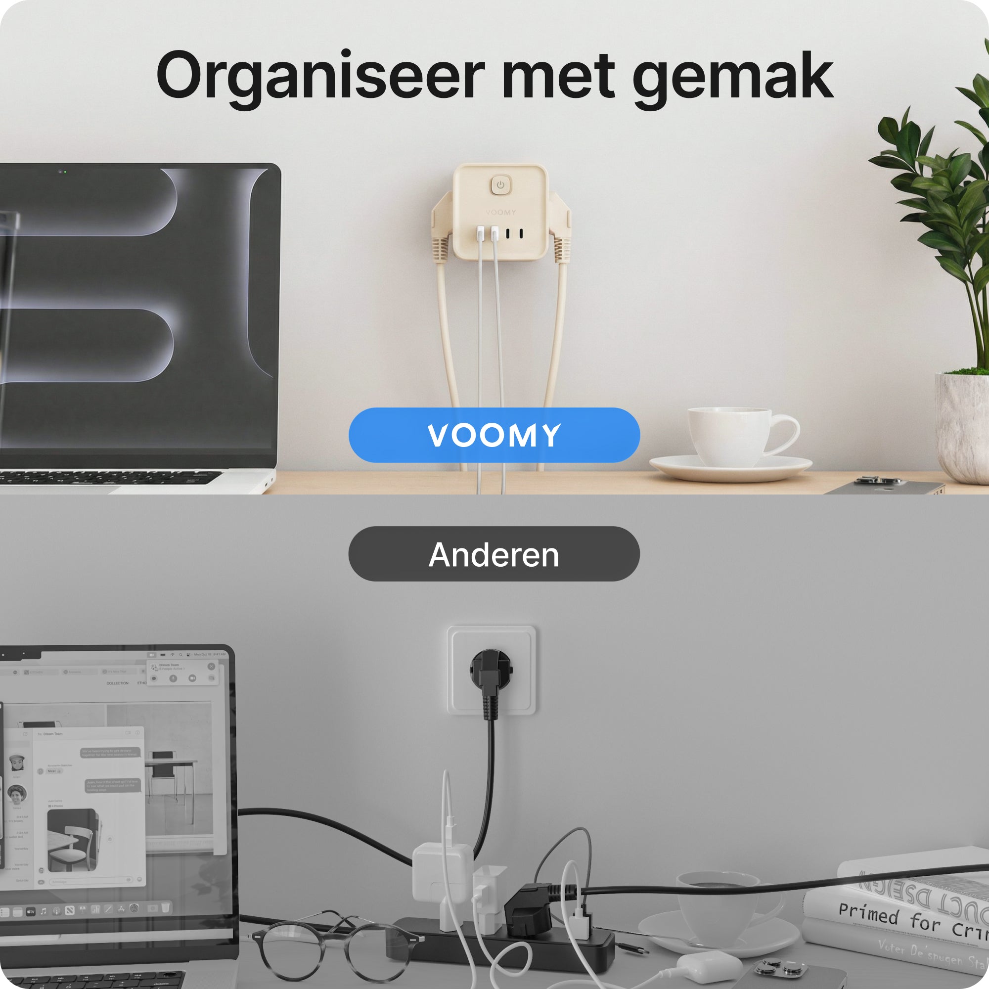 Voomy Split X7 - 8-in-1 Home Verdeelstekker - 4 stopcontacten, 2 USB-C (20W) & 2 USB-A - Beige