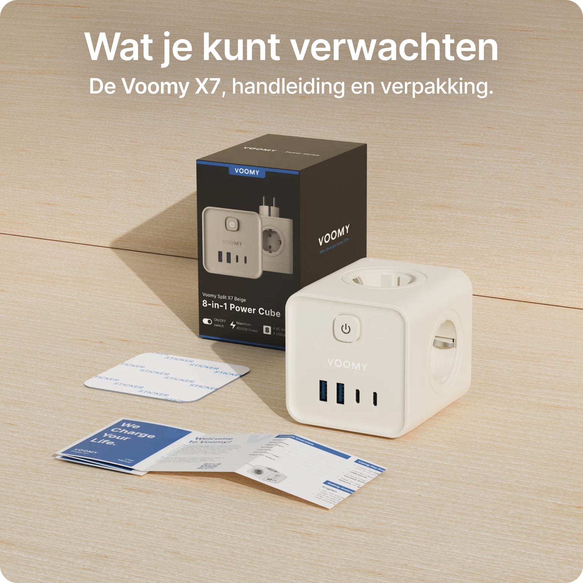 Voomy Split X7 - 8-in-1 Home Verdeelstekker - 4 stopcontacten, 2 USB-C (20W) & 2 USB-A - Beige