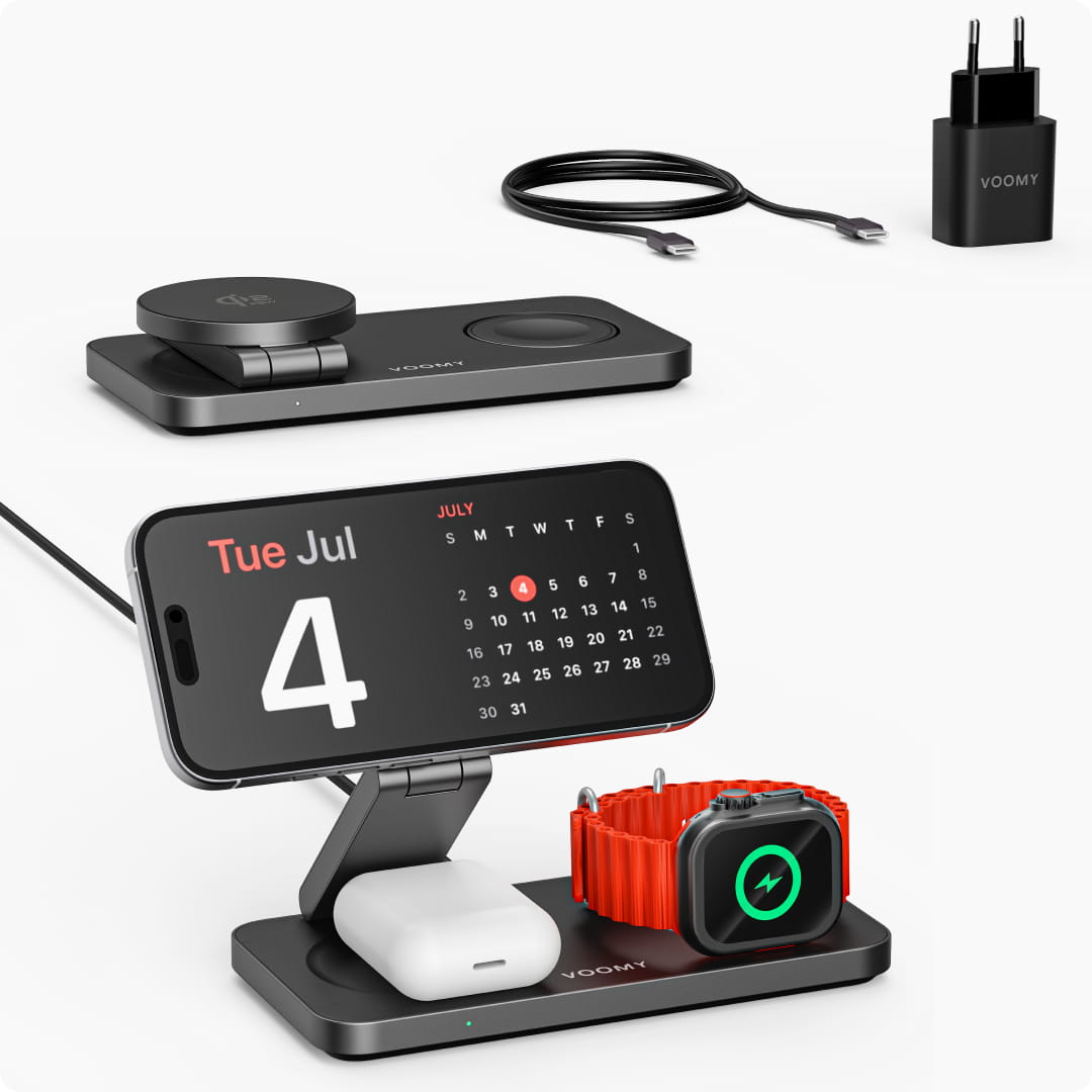 Voomy Wireless W3S Qi2.2 – 3-in-1 Draadloze Oplader 25W – Opvouwbaar – Incl. Adapter – Zwart