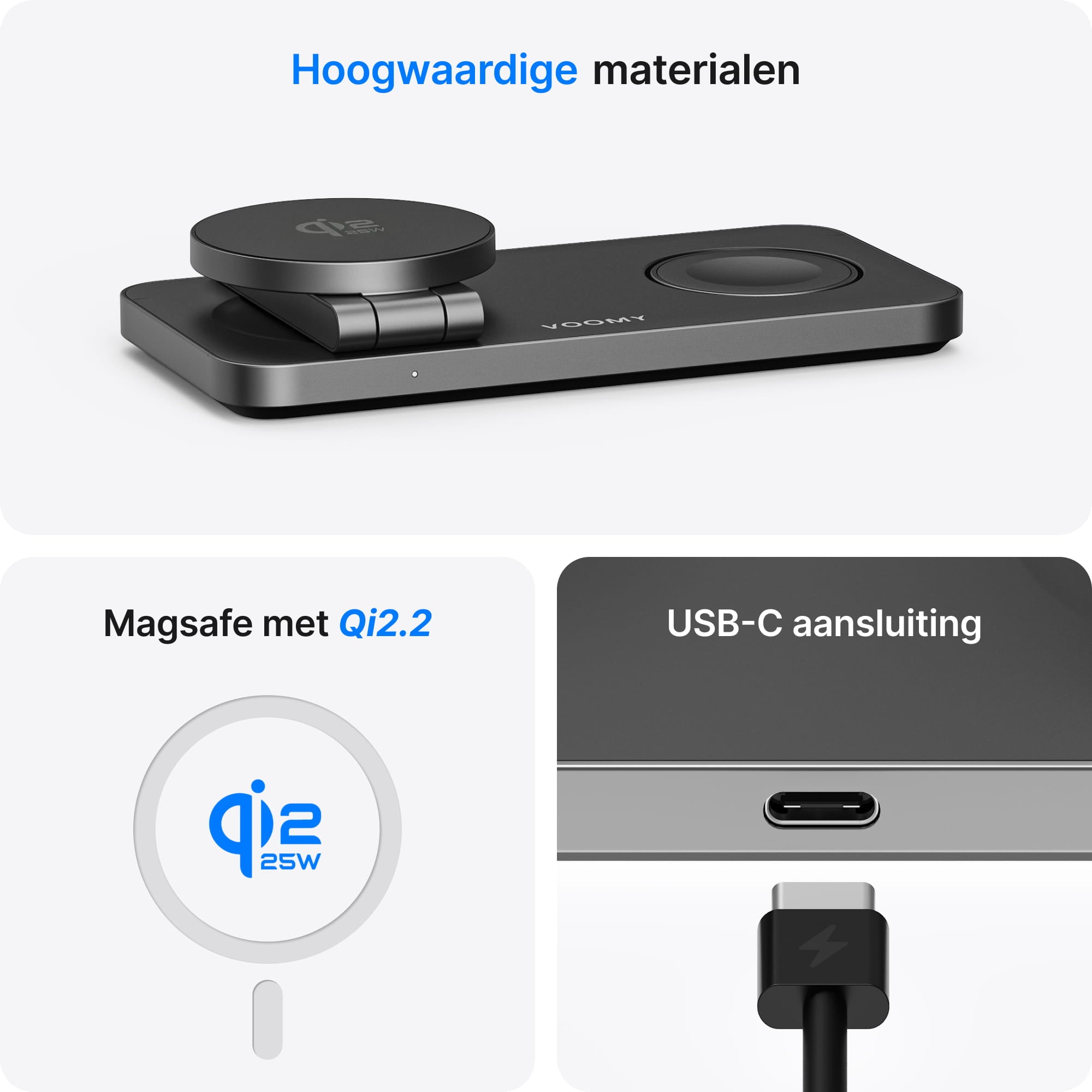 Voomy Wireless W3S Qi2.2 – 3-in-1 Draadloze Oplader 25W – Opvouwbaar – Incl. Adapter – Zwart